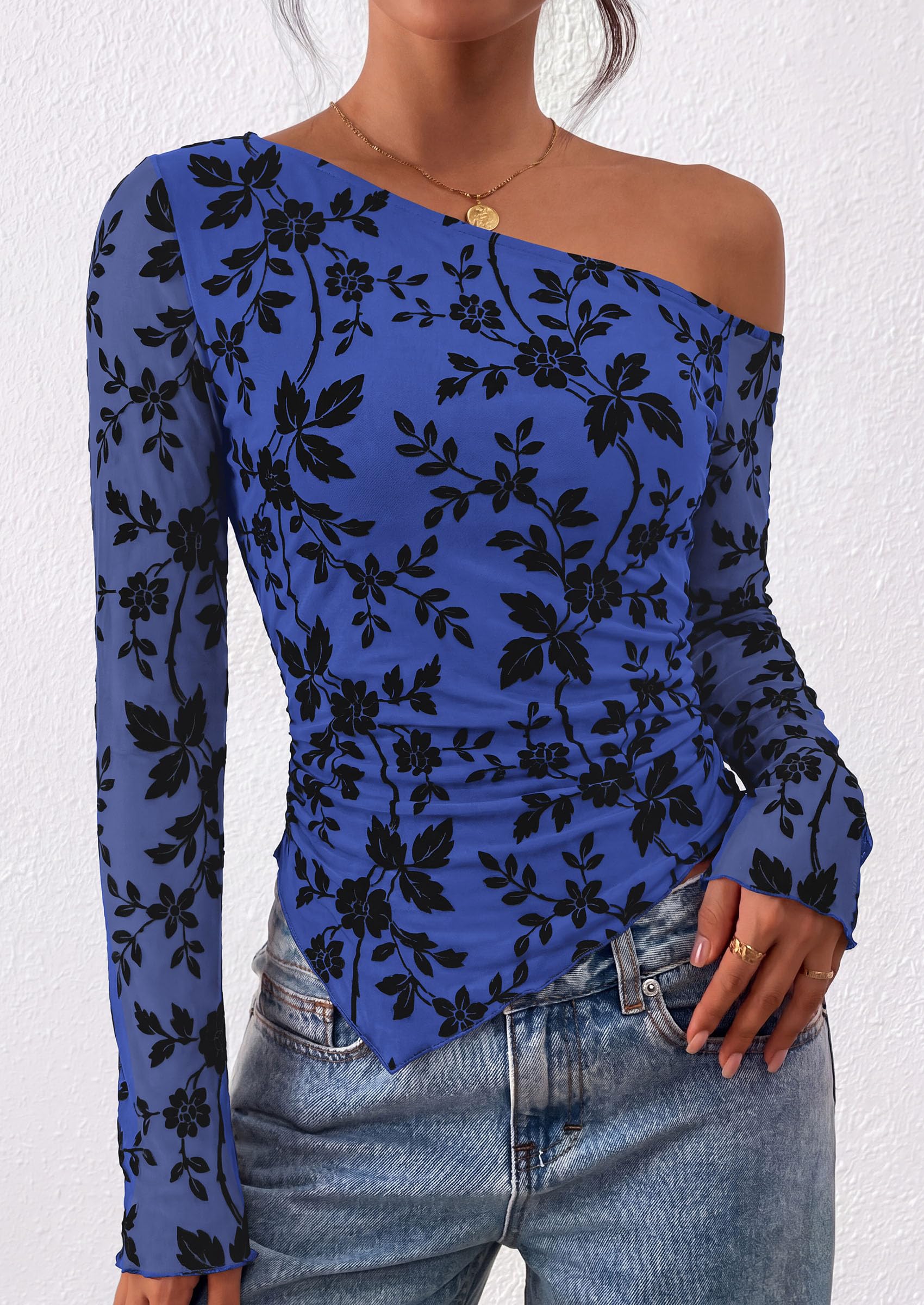 Womens Off Shoulder Mesh Y2k Tops,Royal Blue,XS