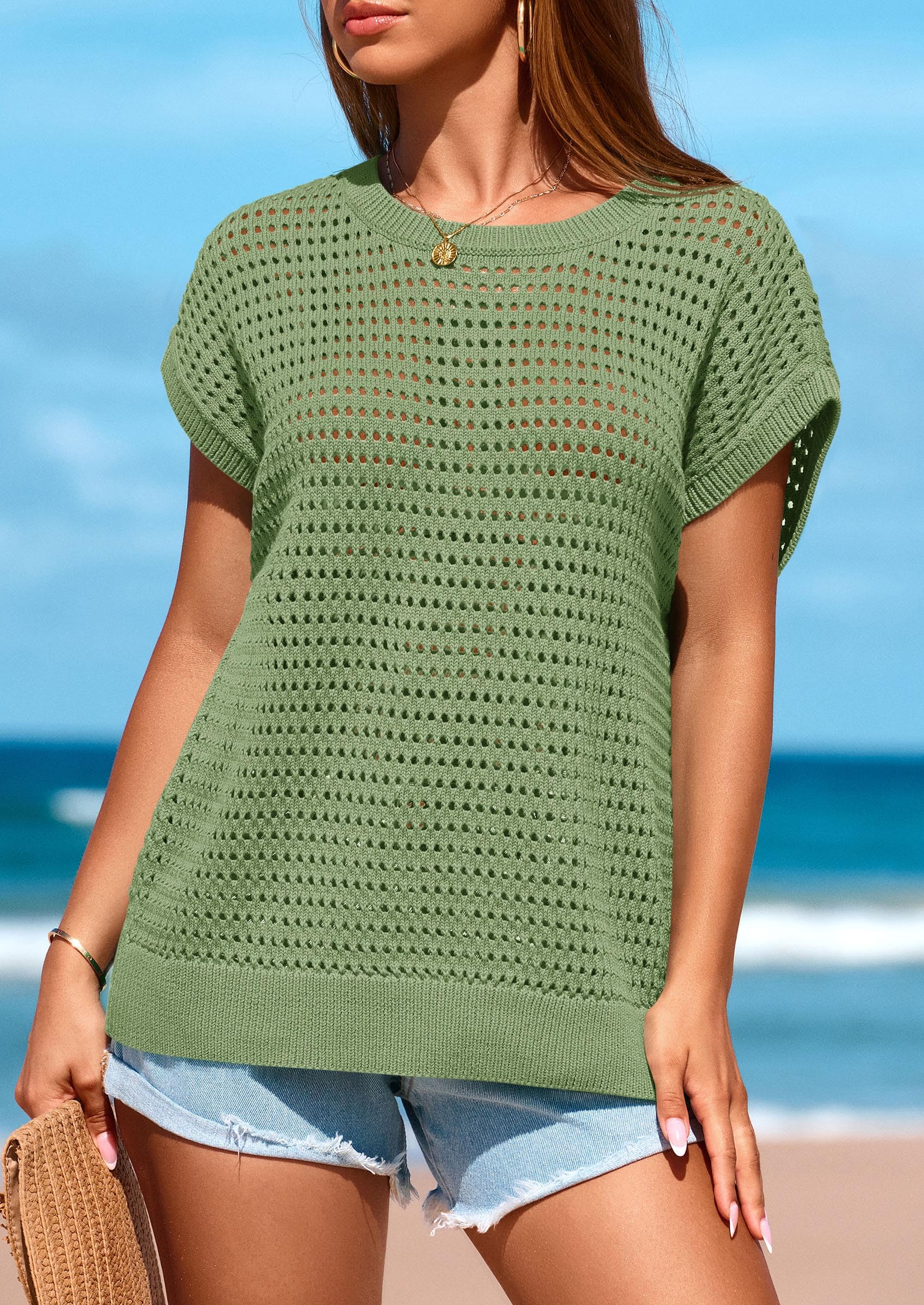 Women's Summer Crochet Cap Sleeve Sweater Tops,Bean Green,S