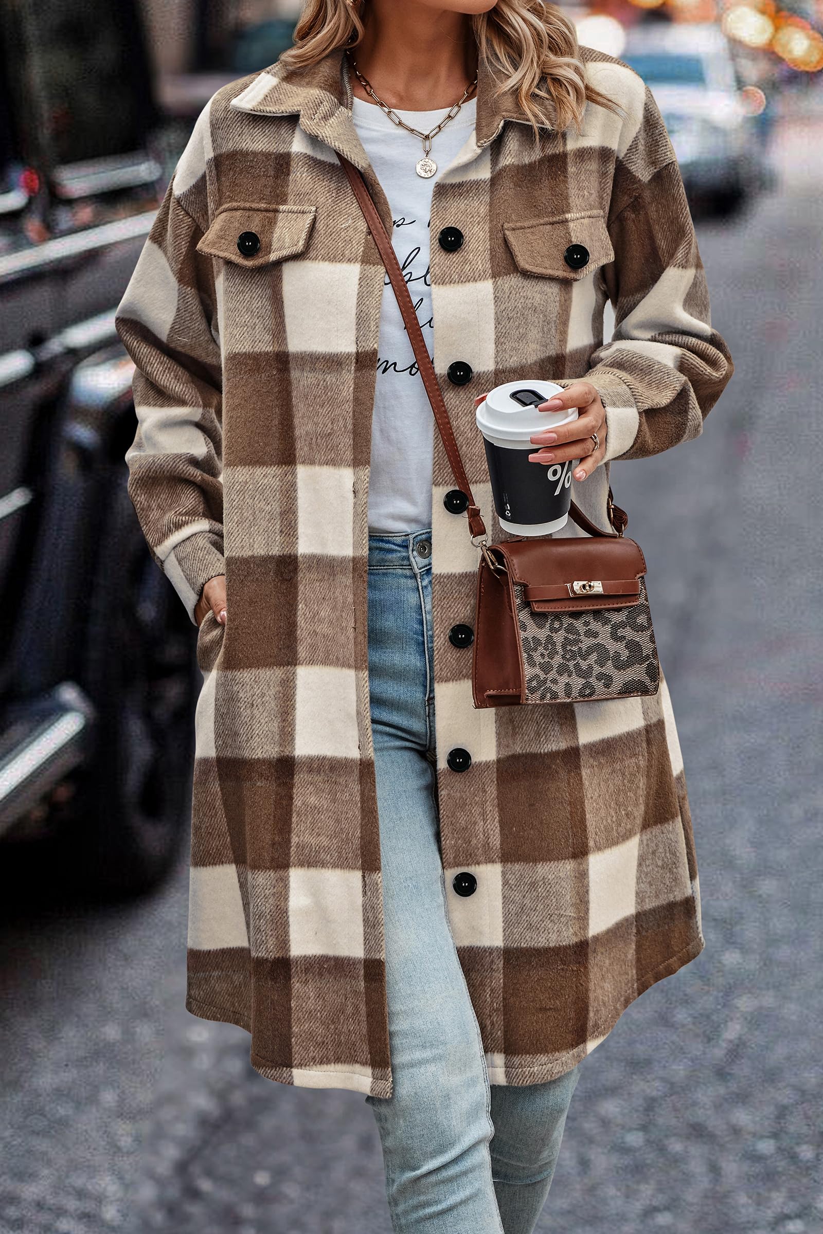 Womens Plaid Shacket Jacket Flannel Shirts,Plaid Brown,S