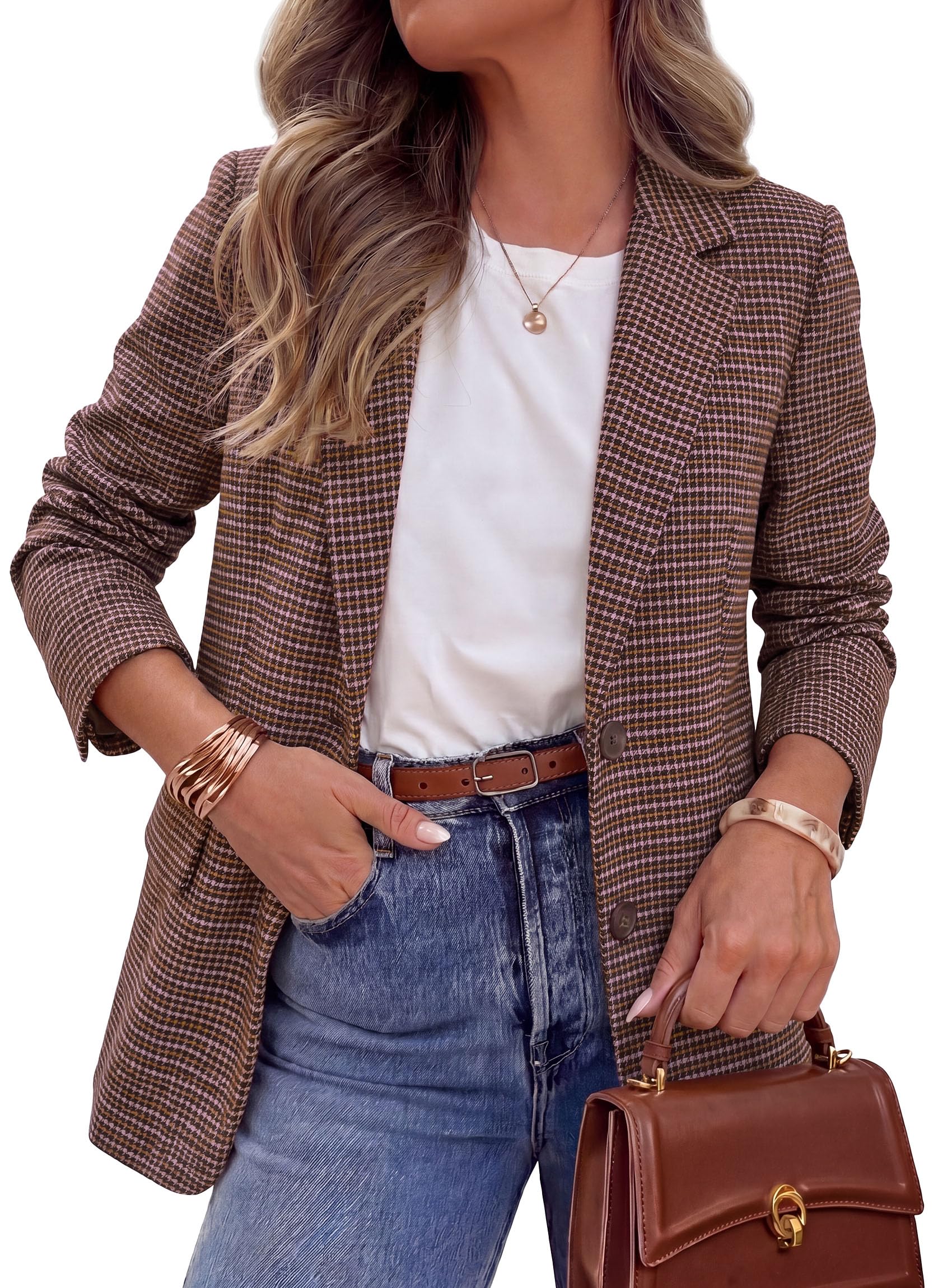 Fall Plaid Blazers for Women Business Casual Pink S