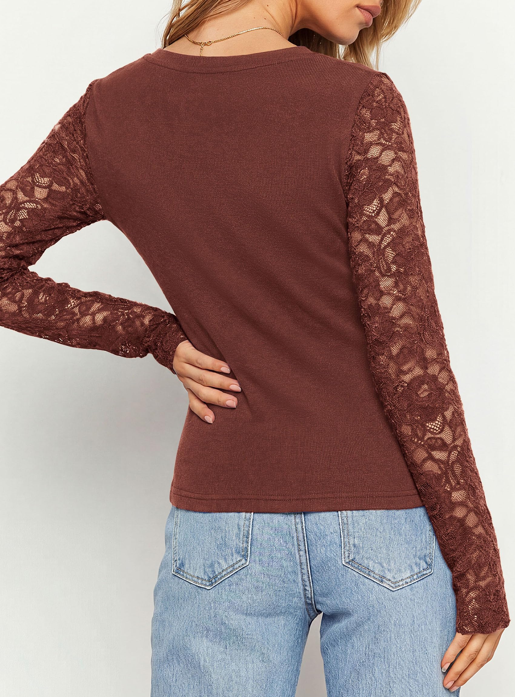 Sheer Lace Raglan Long Sleeve Shirts for Women,Brick Red,S