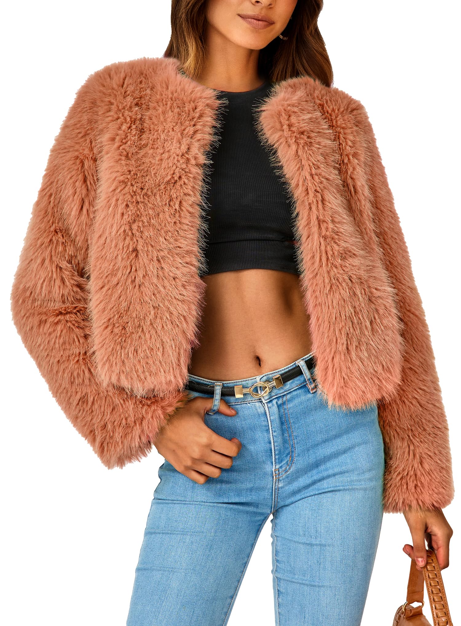 Women's Winter Cropped Faux Fur Coats(Orange,Small)