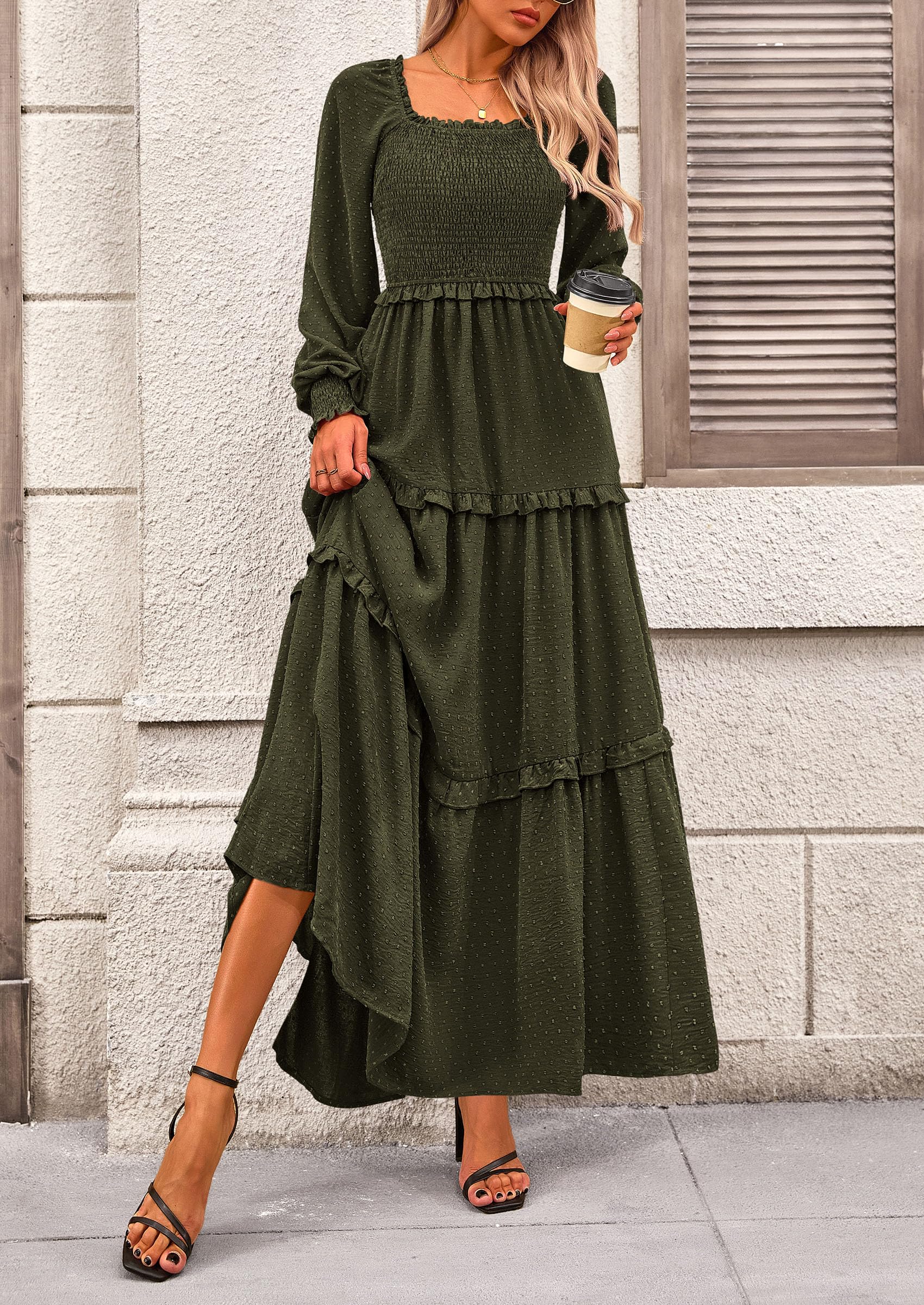 Women's Smocked Long Sleeve Maxi Dress Wedding Guest Dresses