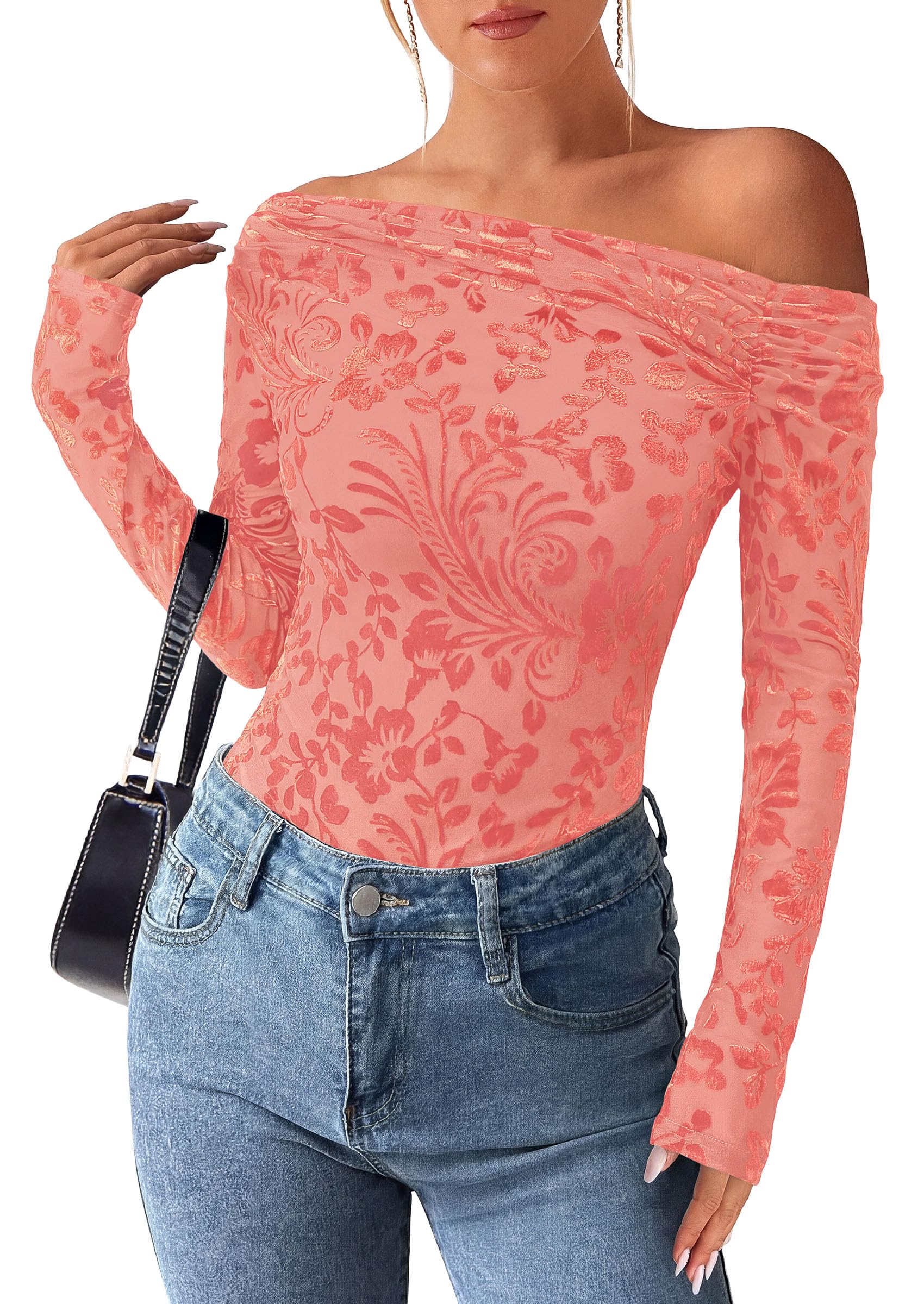 Off the Shoulder Tops for Women Fall Mesh Floral Blouses Pink
