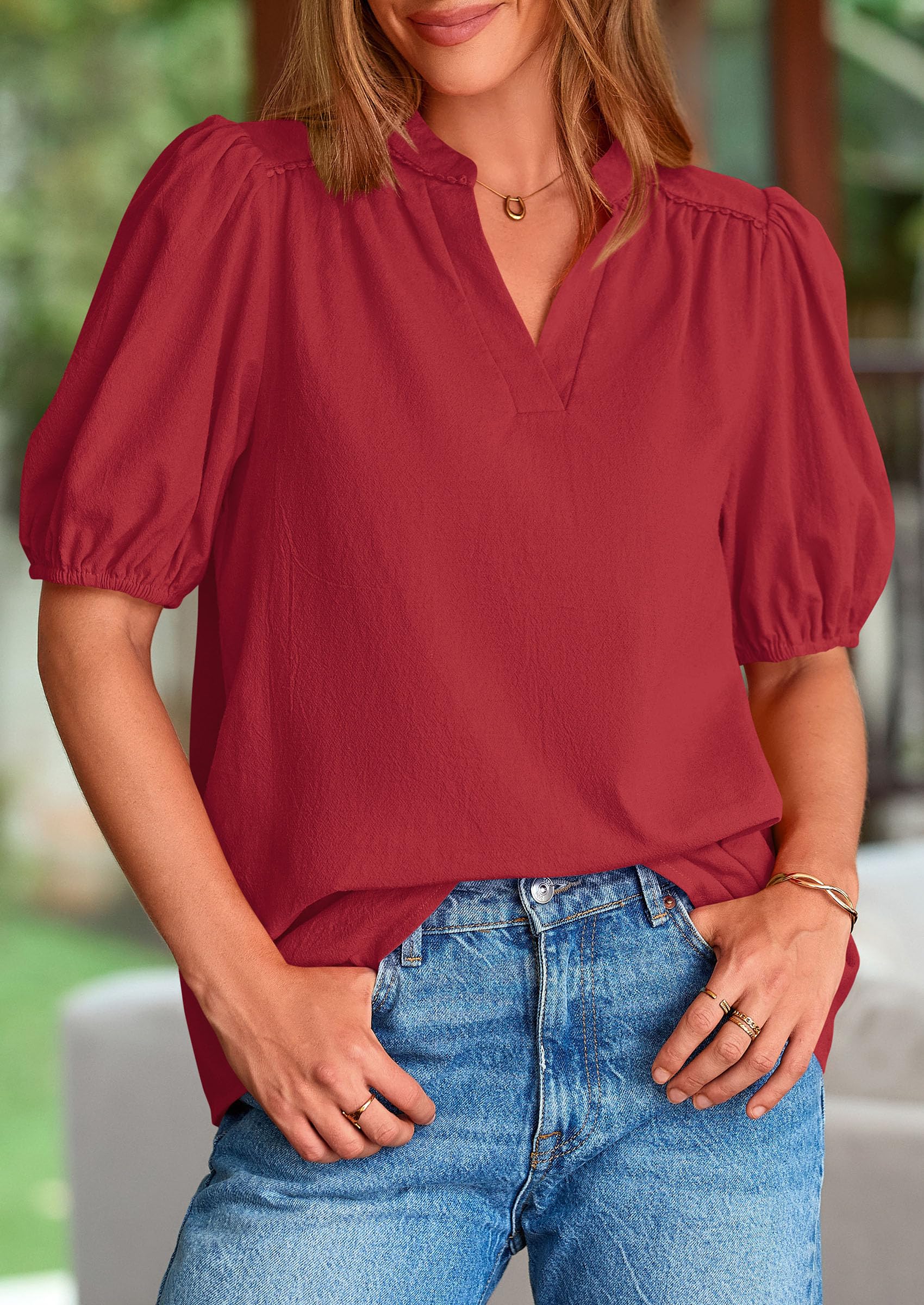 Womens Short Puff Sleeve V Neck Blouses,Dark Red,S