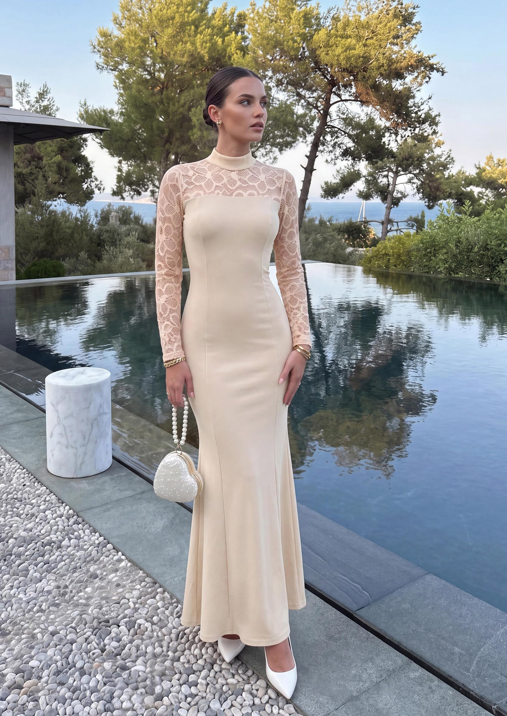 Women's Fall Lace Sheer Dress Bodycon Maxi Cocktail Dresses