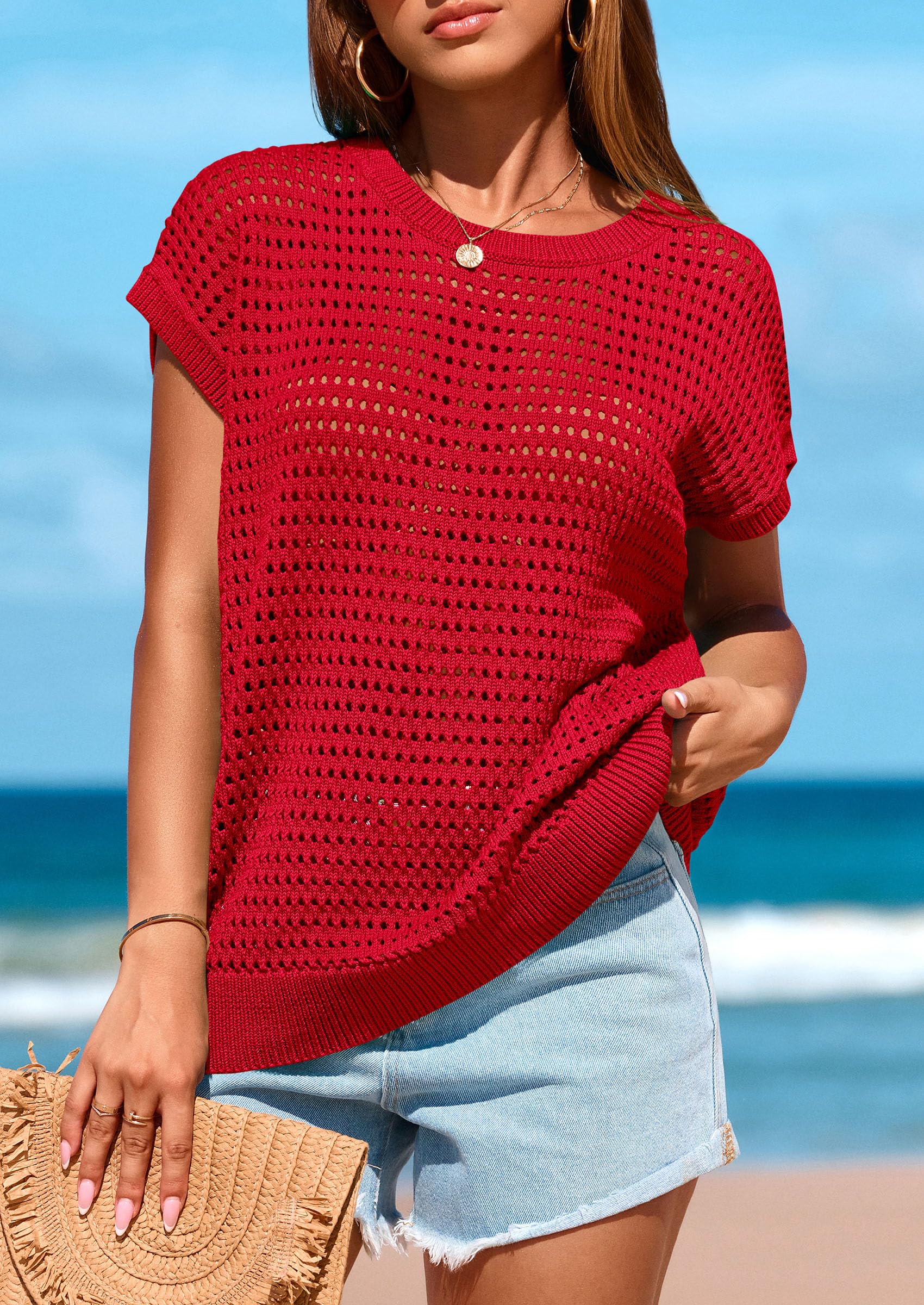 Women's Summer Crochet Cap Sleeve Sweater Tops,Dark Orange,S