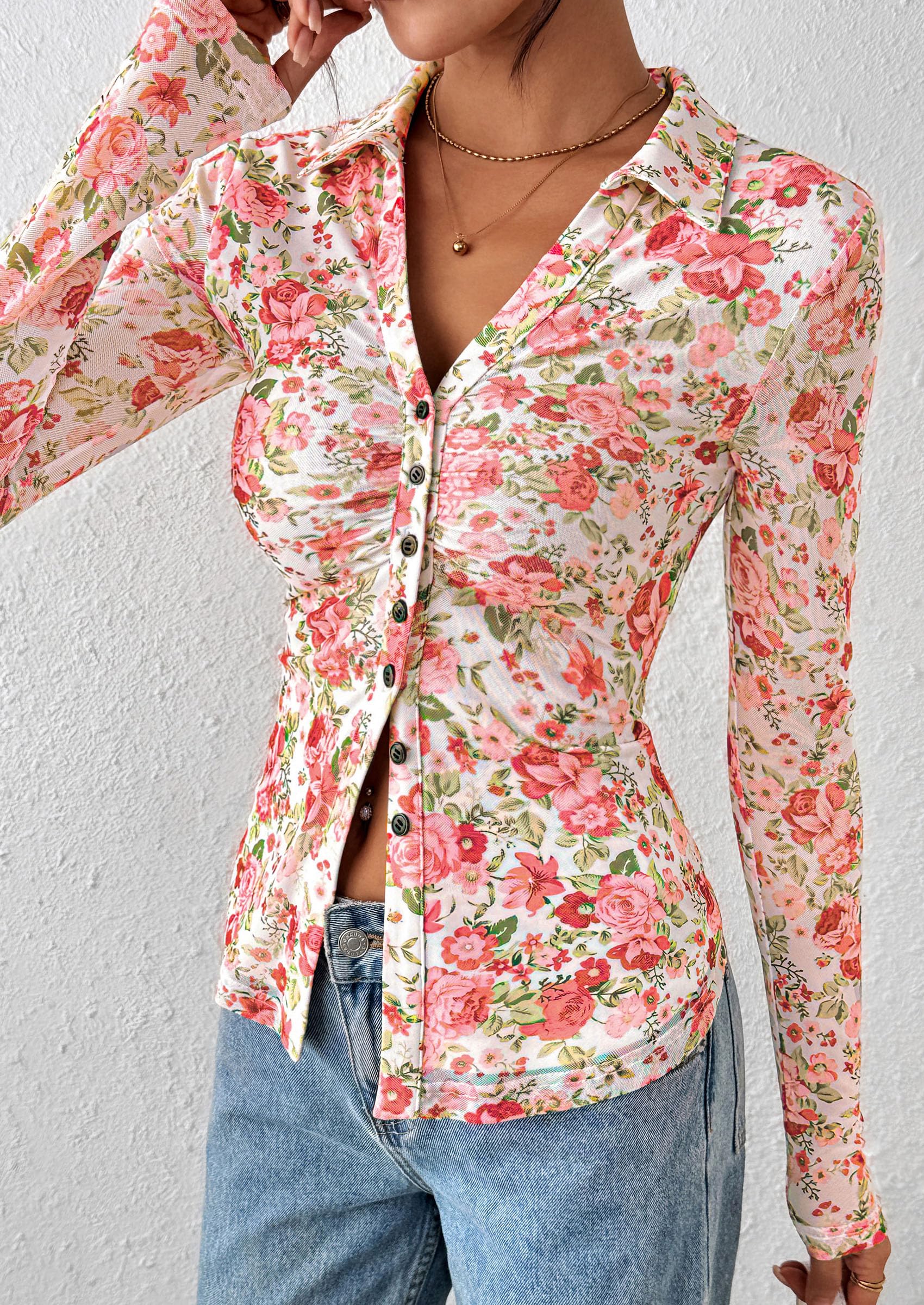Women's Button Down Shirts Boho Mesh Floral Going Out Tops