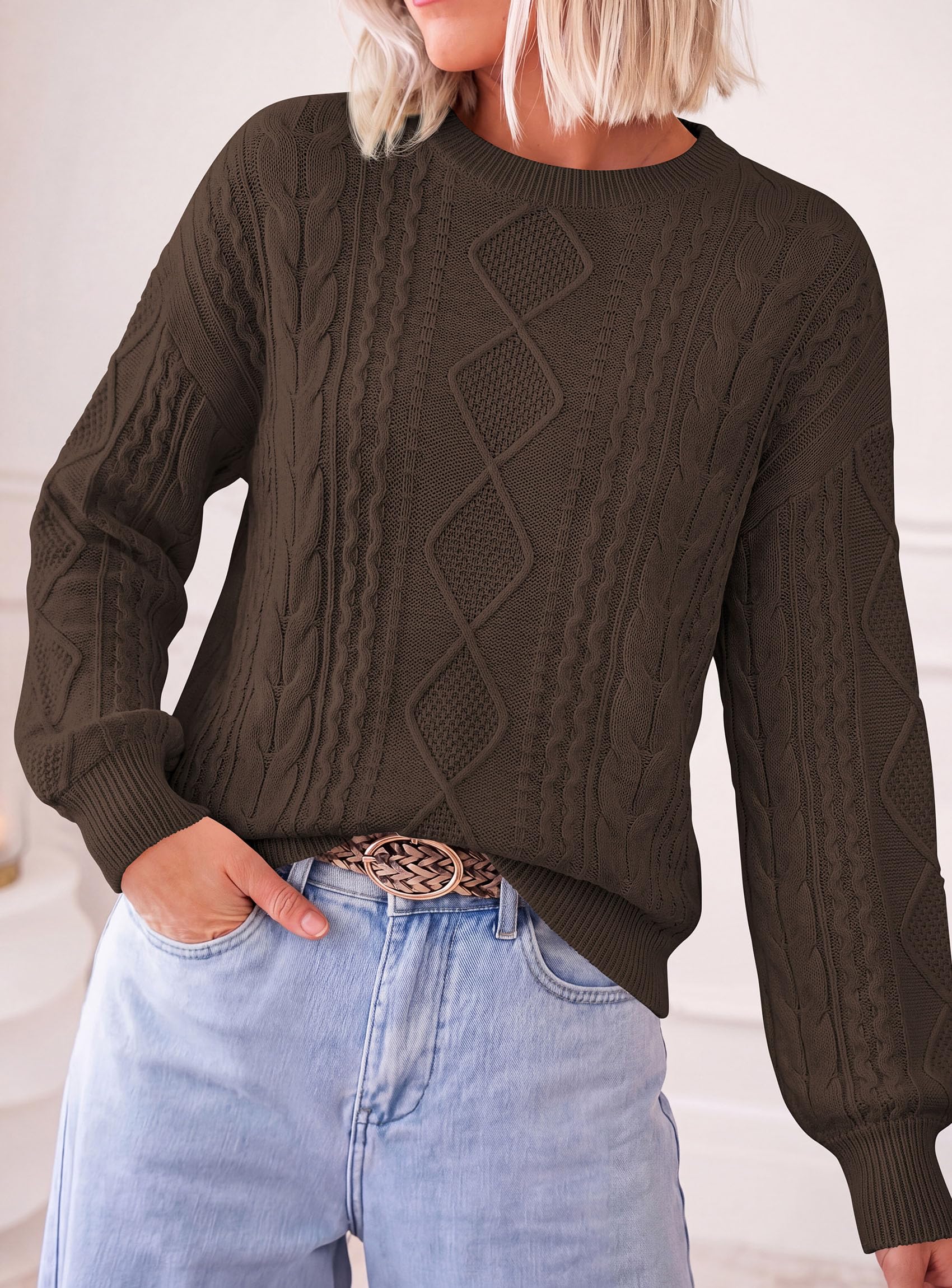 Women's Crewneck Cable Knit Sweater Pullover Tops Coffee