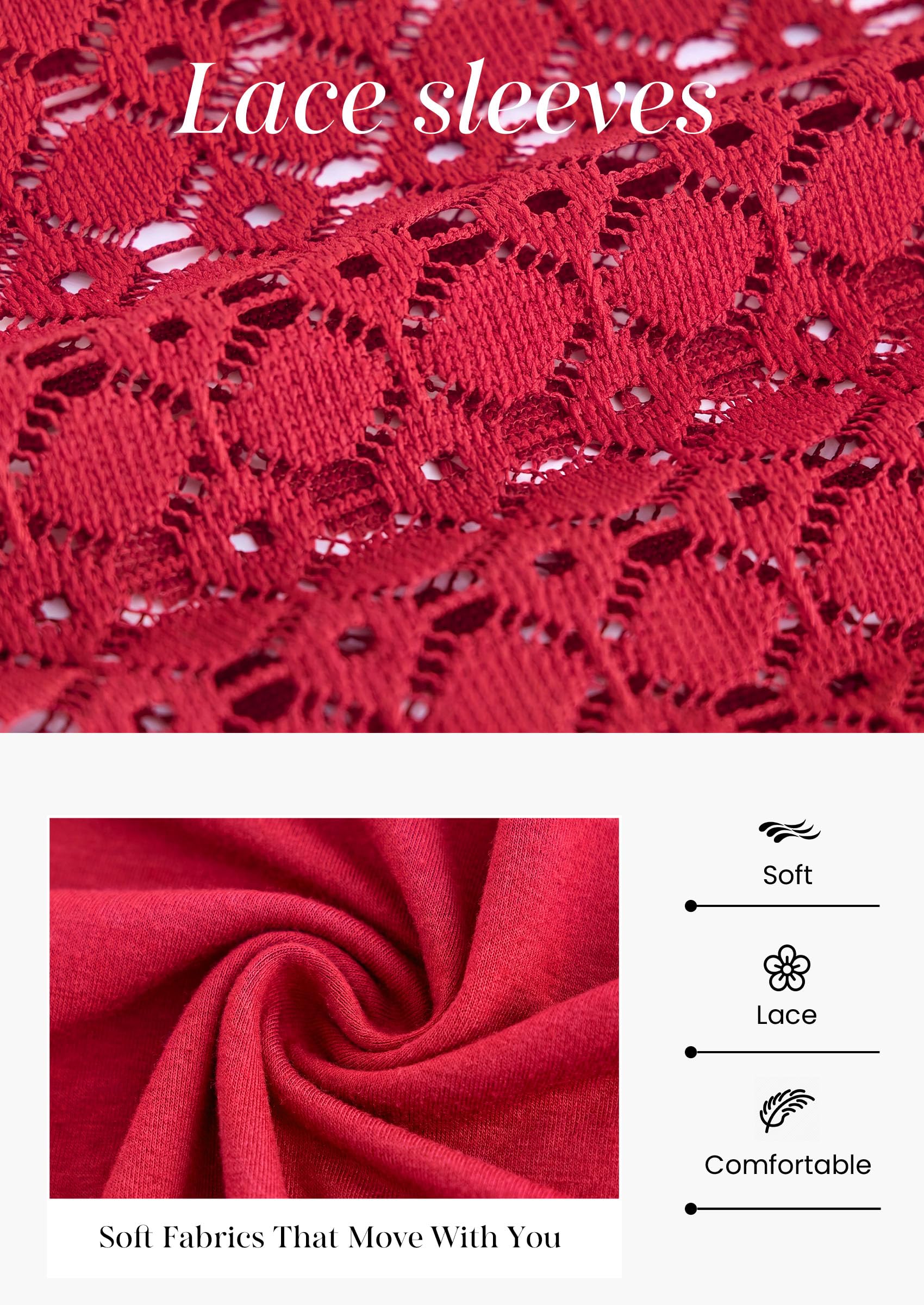 Women's Long Sleeve Shirts Fall Lace Tops,Red,S