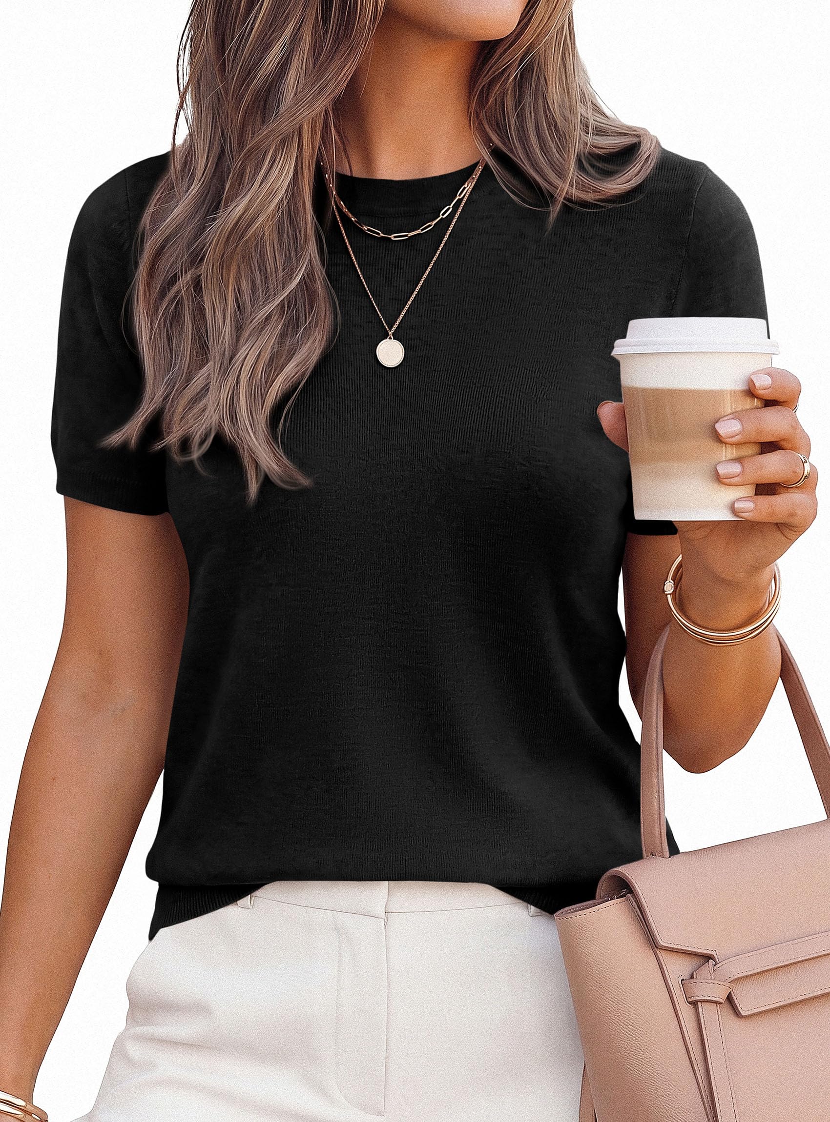 Women's Short Sleeve Sweaters Summer Tops,Black,S