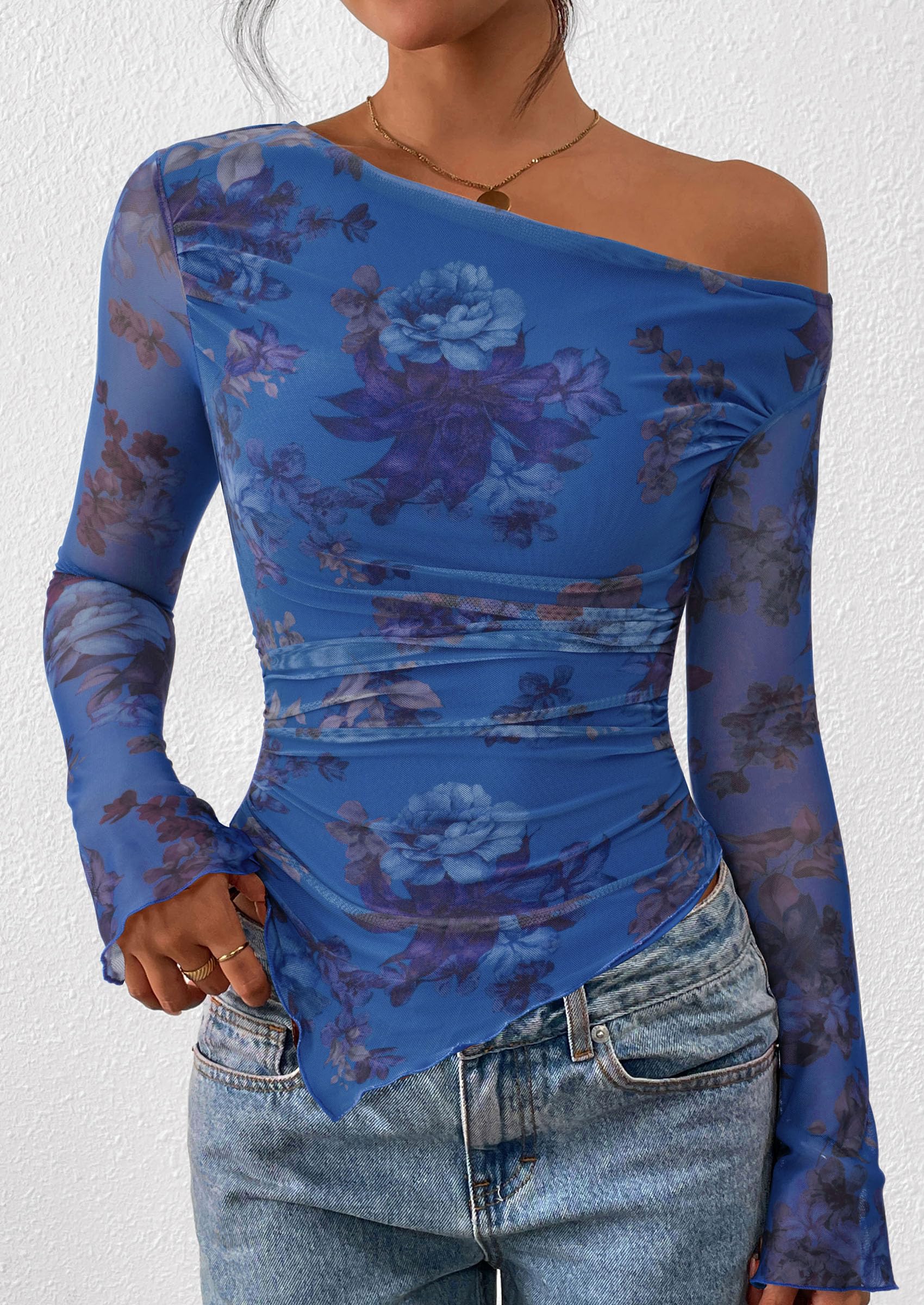 Womens Off Shoulder Mesh Y2k Tops,Floral Blue,XS