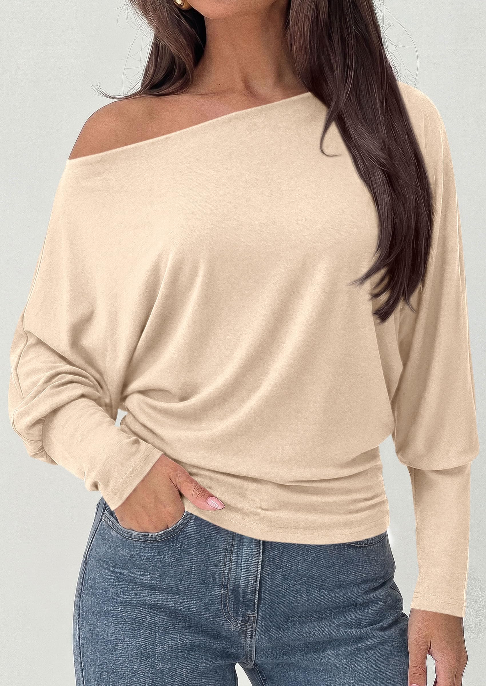 Womens Off The Shoulder Batwing Long Sleeve Top,Beige,S