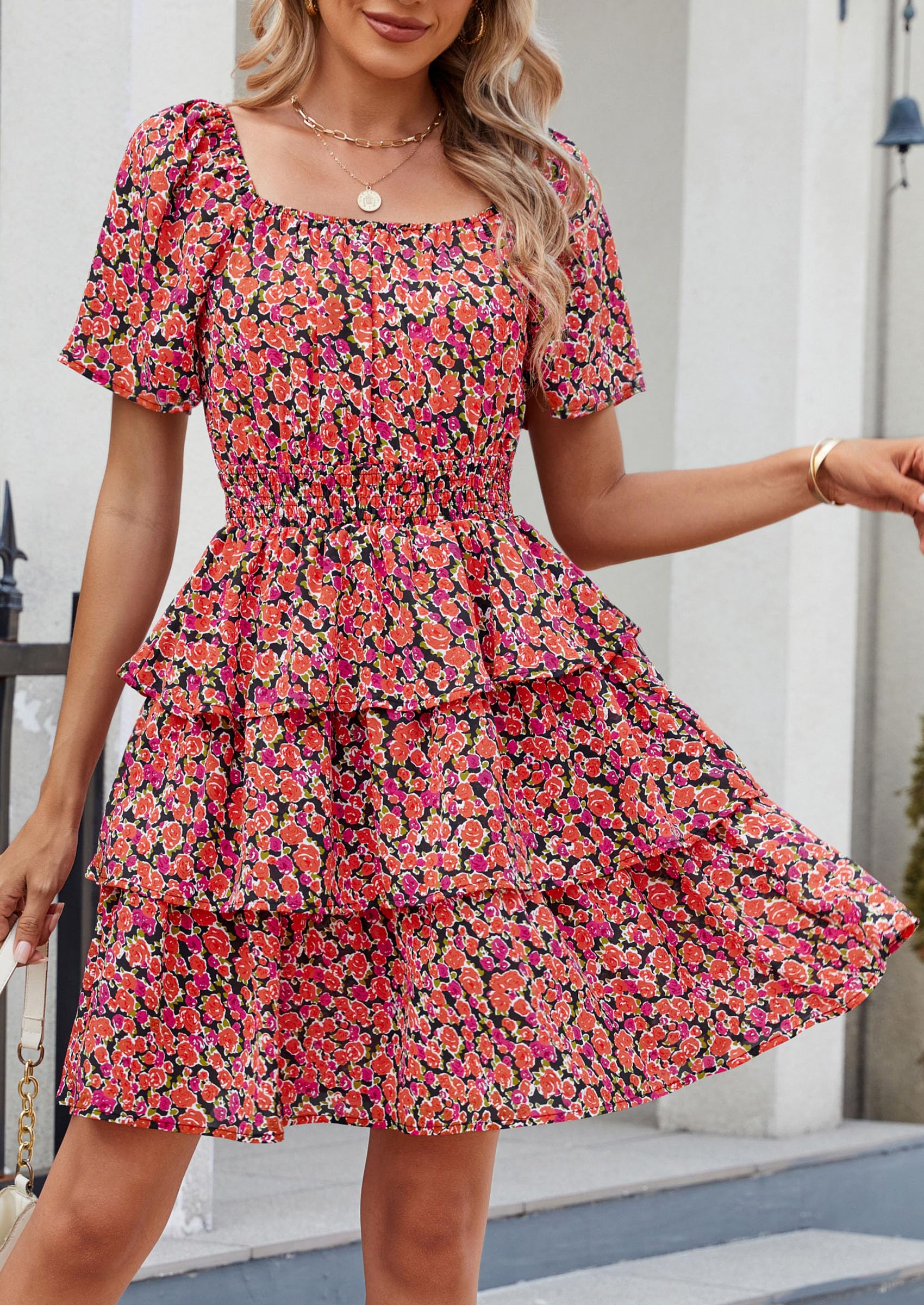 Women's Summer Floral Ruffle Short Dress Black Orange Floral,S