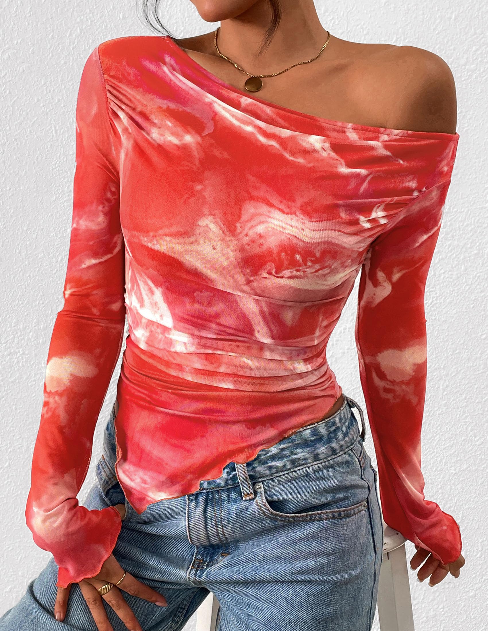 Womens Off Shoulder Mesh Y2k Tops,Floral Brick Red,XS