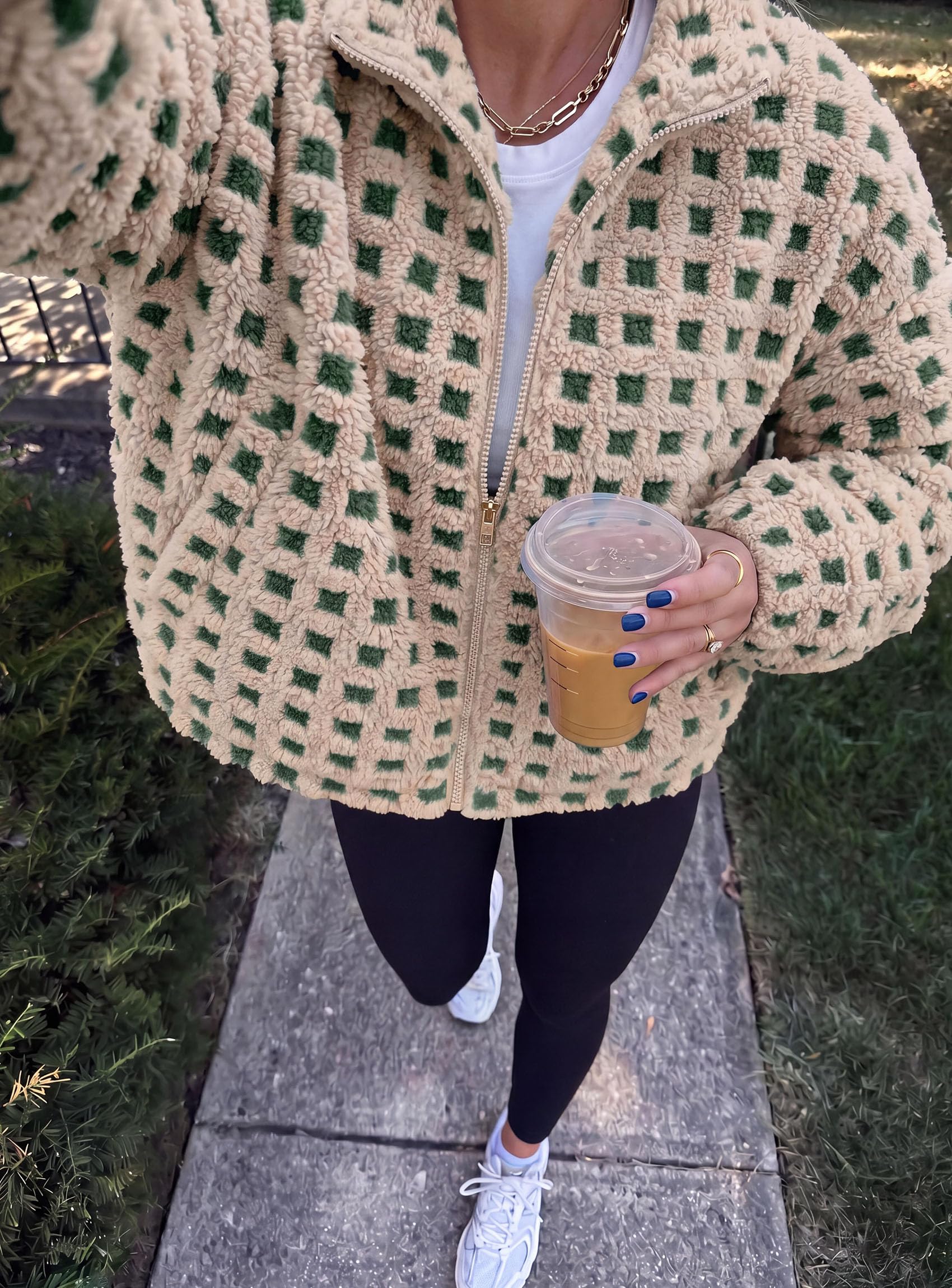Women's Gingham Sherpa Fleece Jacket Plaid Cropped Teddy Coat