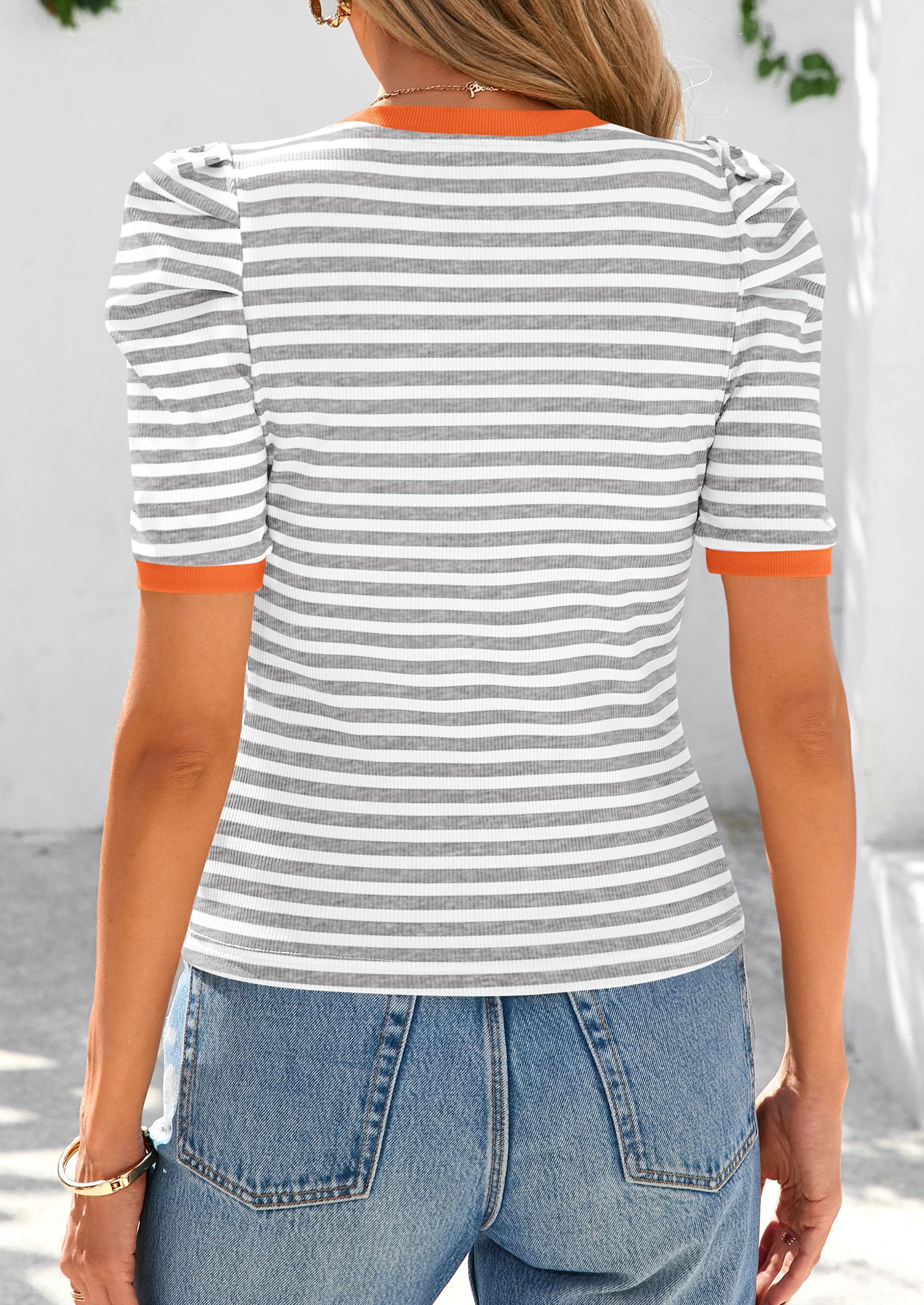 Ribbed Puff Short Sleeve Tops for Women Striped Shirt Grey,XS