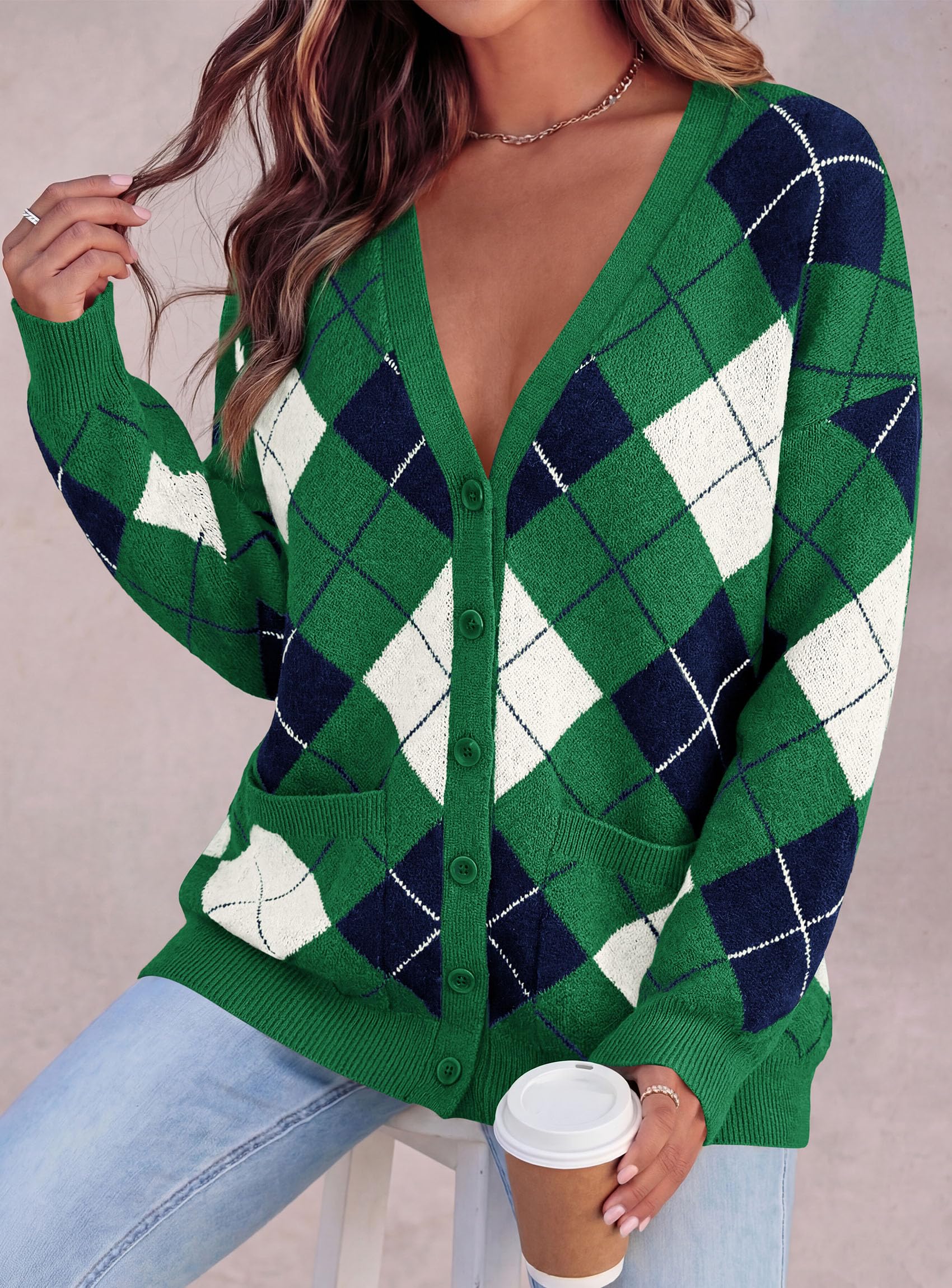 Women's Cardigan Argyle Winter Sweaters (Plaid Green,S)