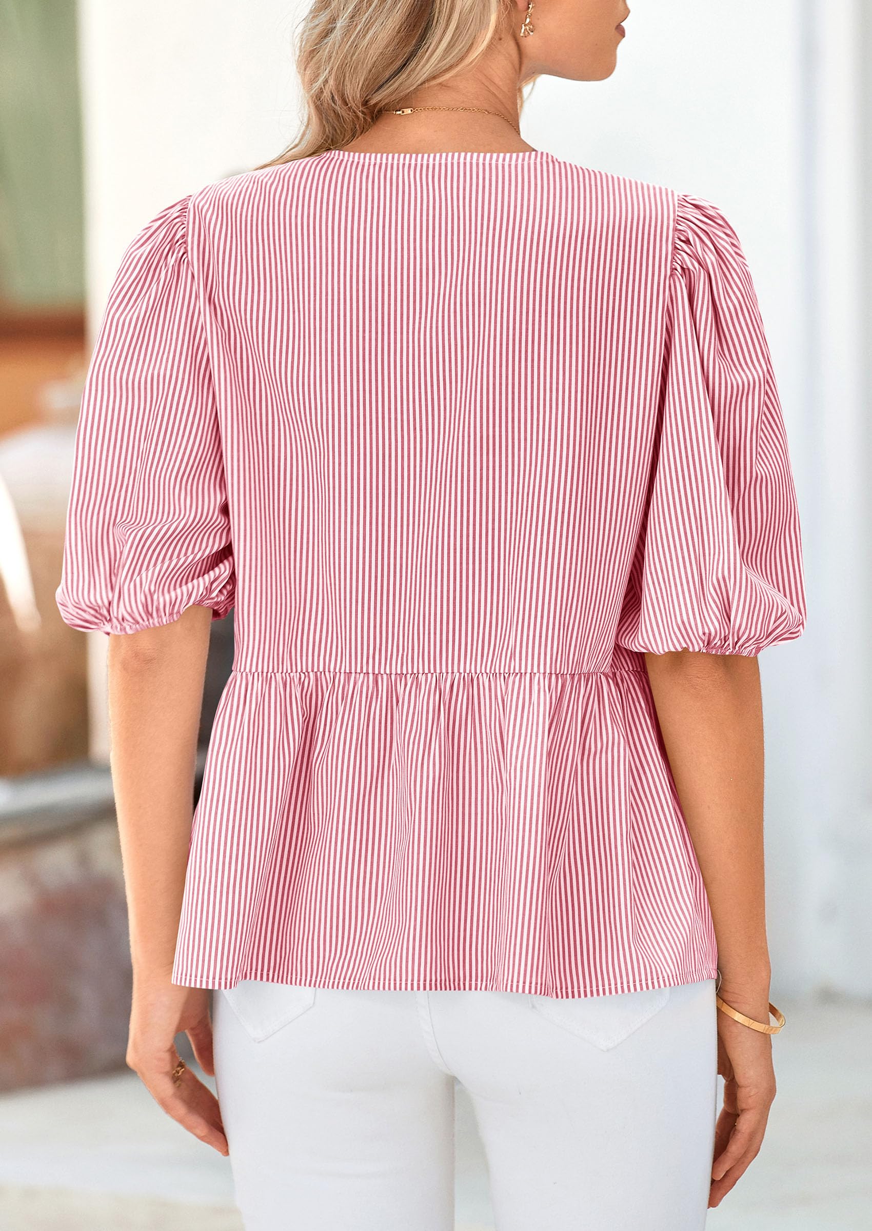 Women Striped Tie Front Babydoll Peplum Tops, Red,S