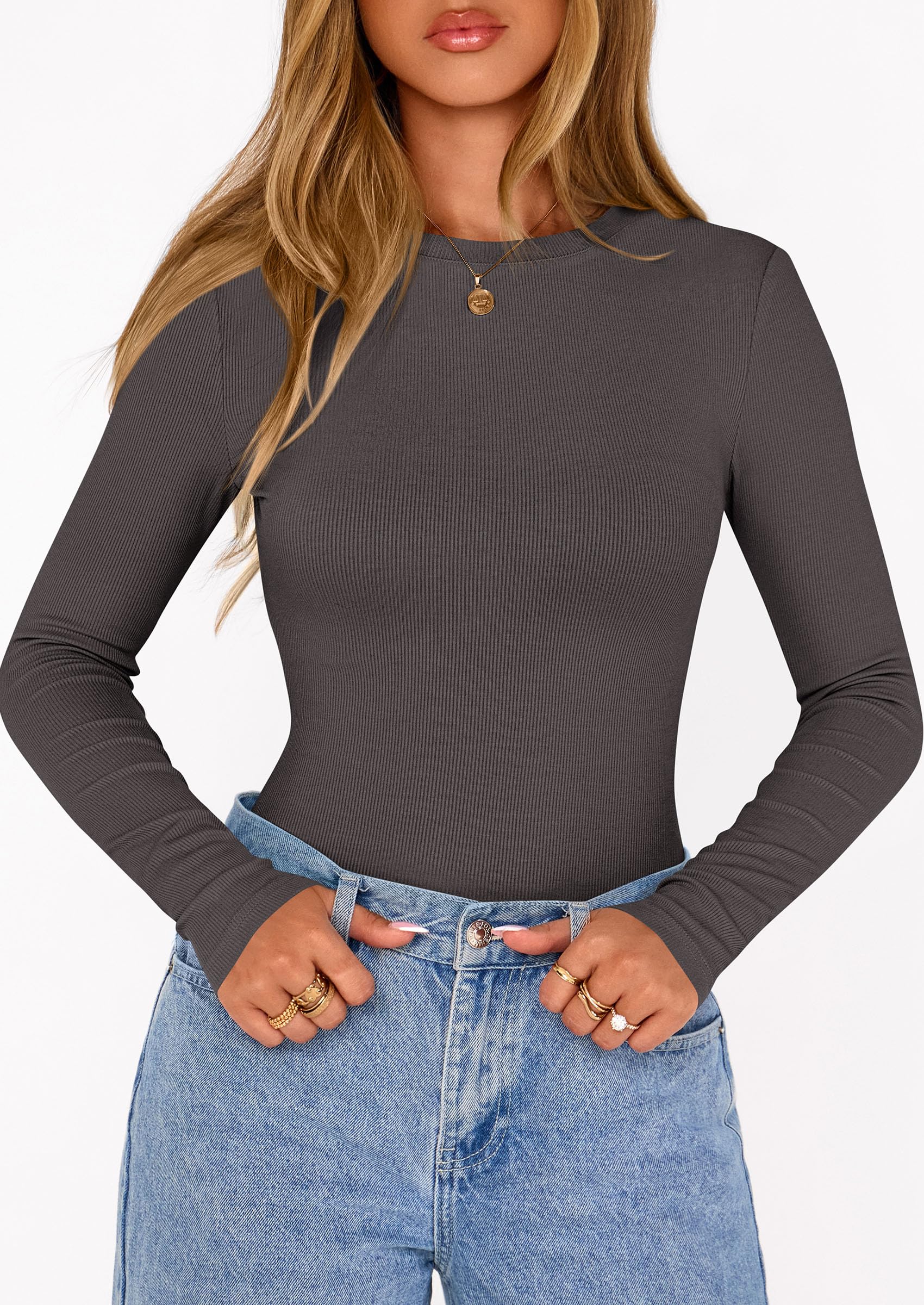 Bodysuits for Women Fall Ribbed Knit Long Sleeve T Shirts