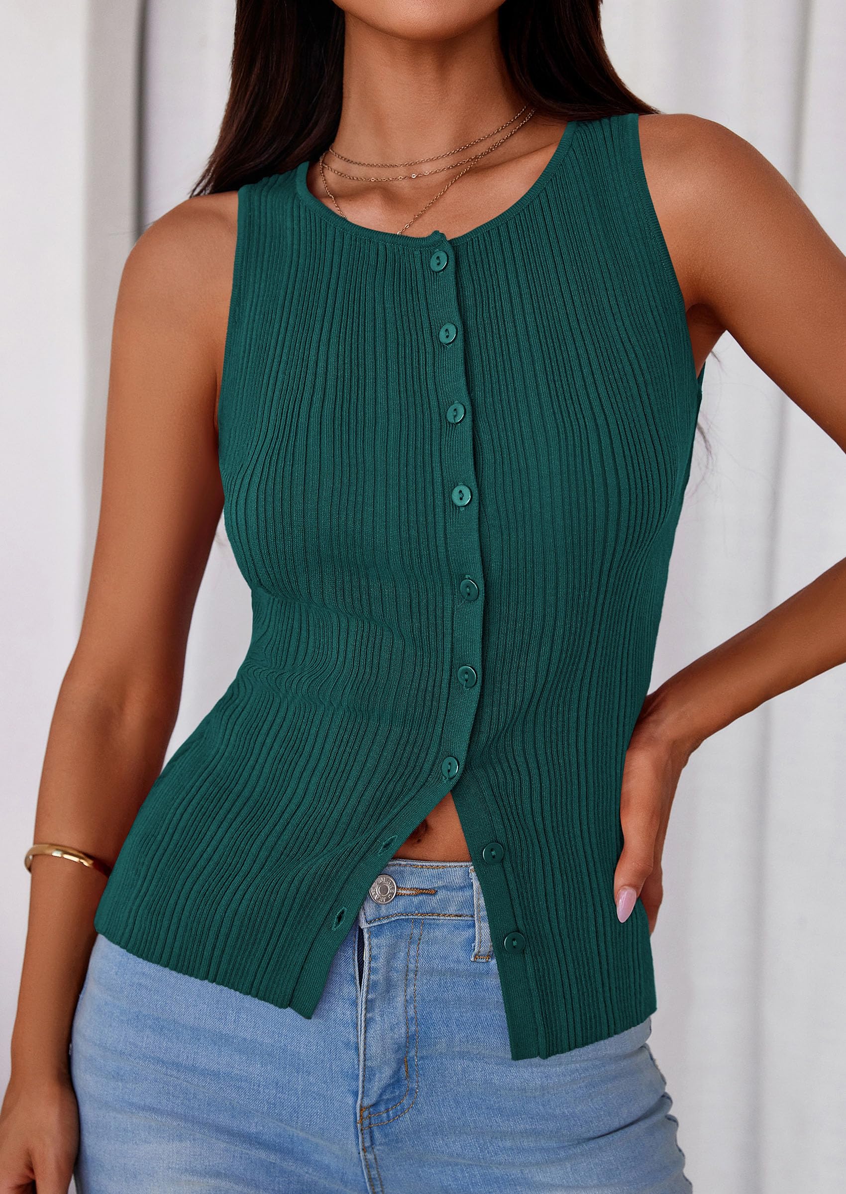 Sleeveless Button Down Shirts for Women Summer 2026 Going Out Ribbed Knit Tank Tops Y2K Clothes Trendy Vest Tops Malachite Green