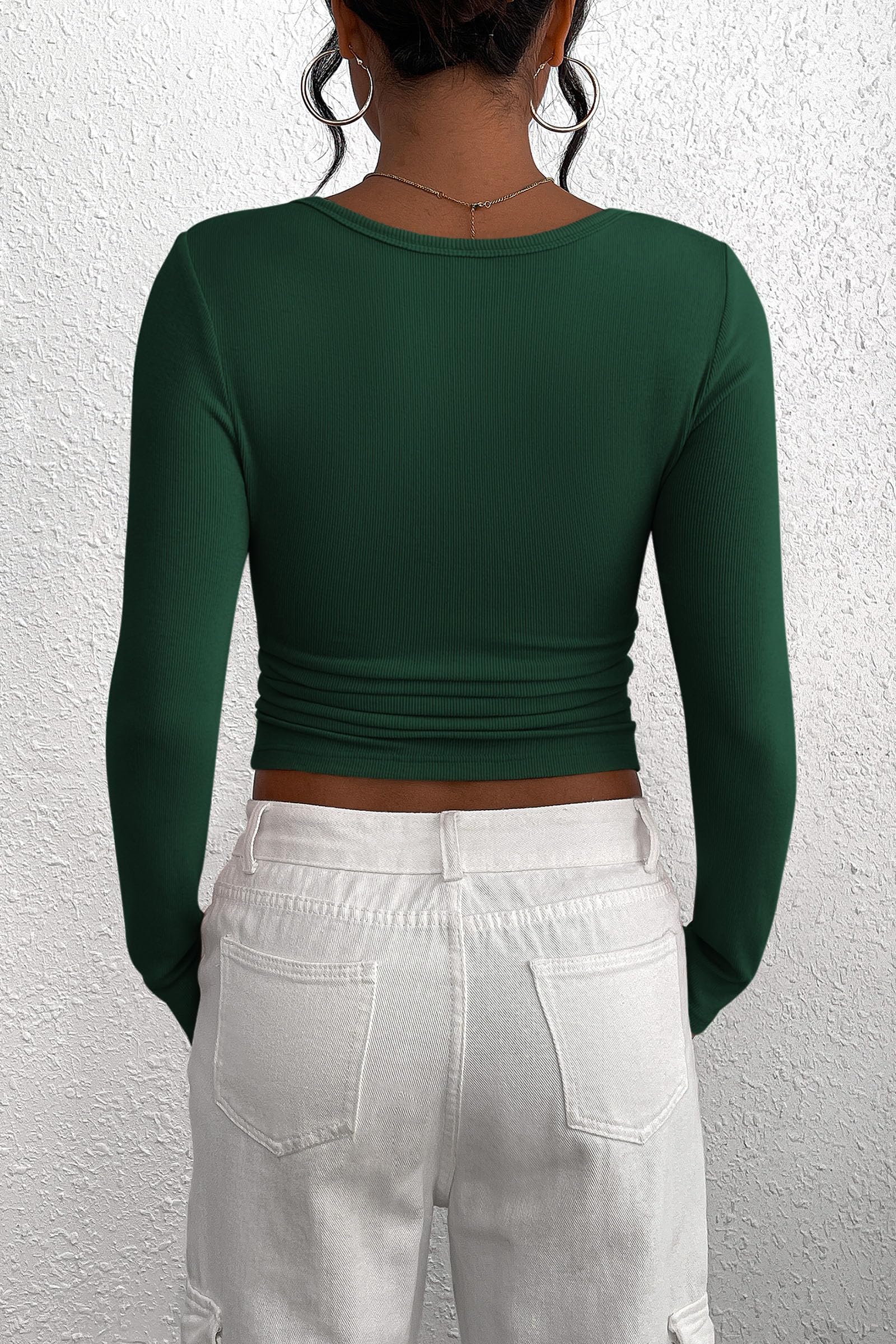 Women's Fall Long Sleeve Henley T Shirts Dark Green