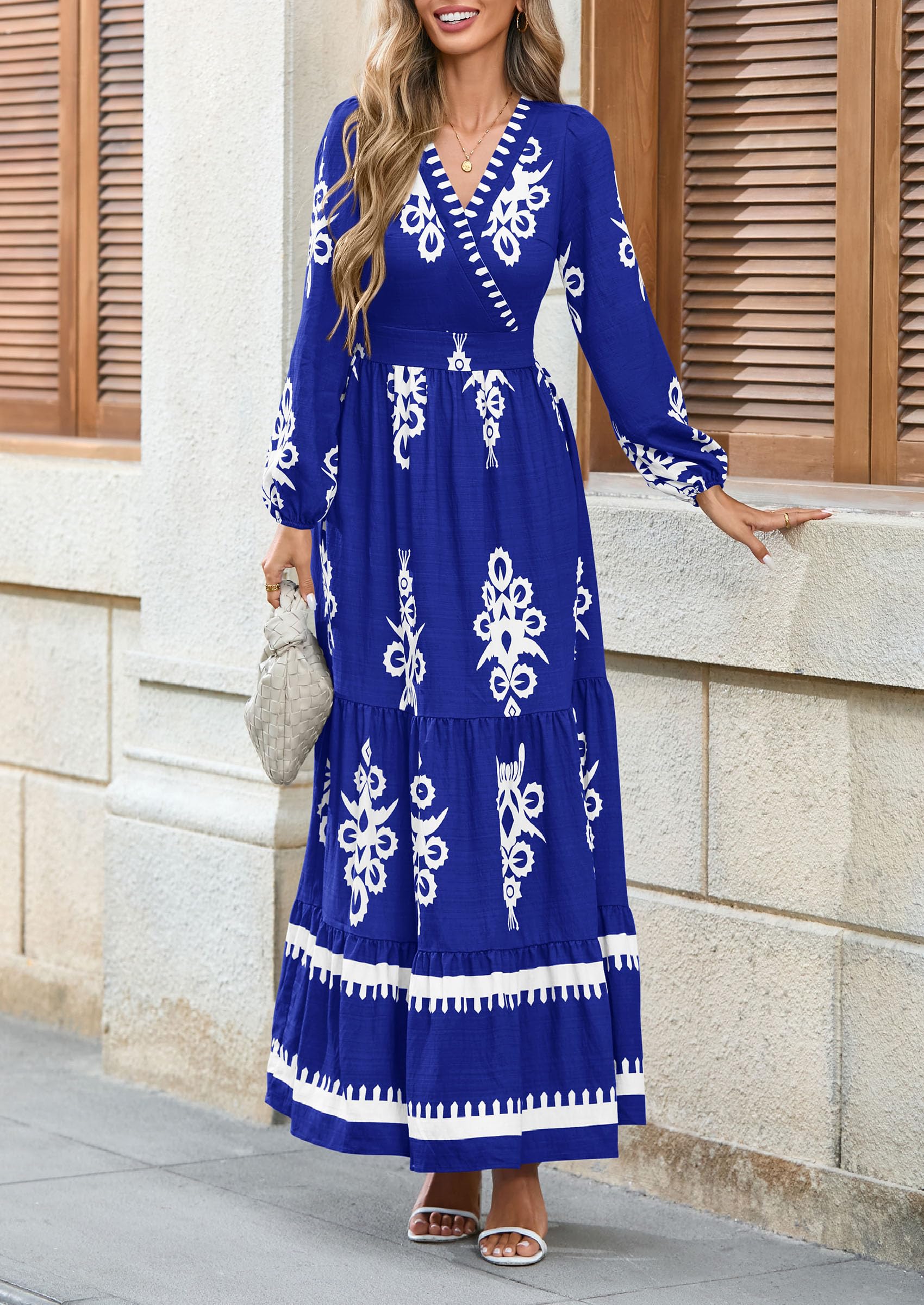 Women's Long Sleeve Floral Boho Maxi Wedding Guest Dress