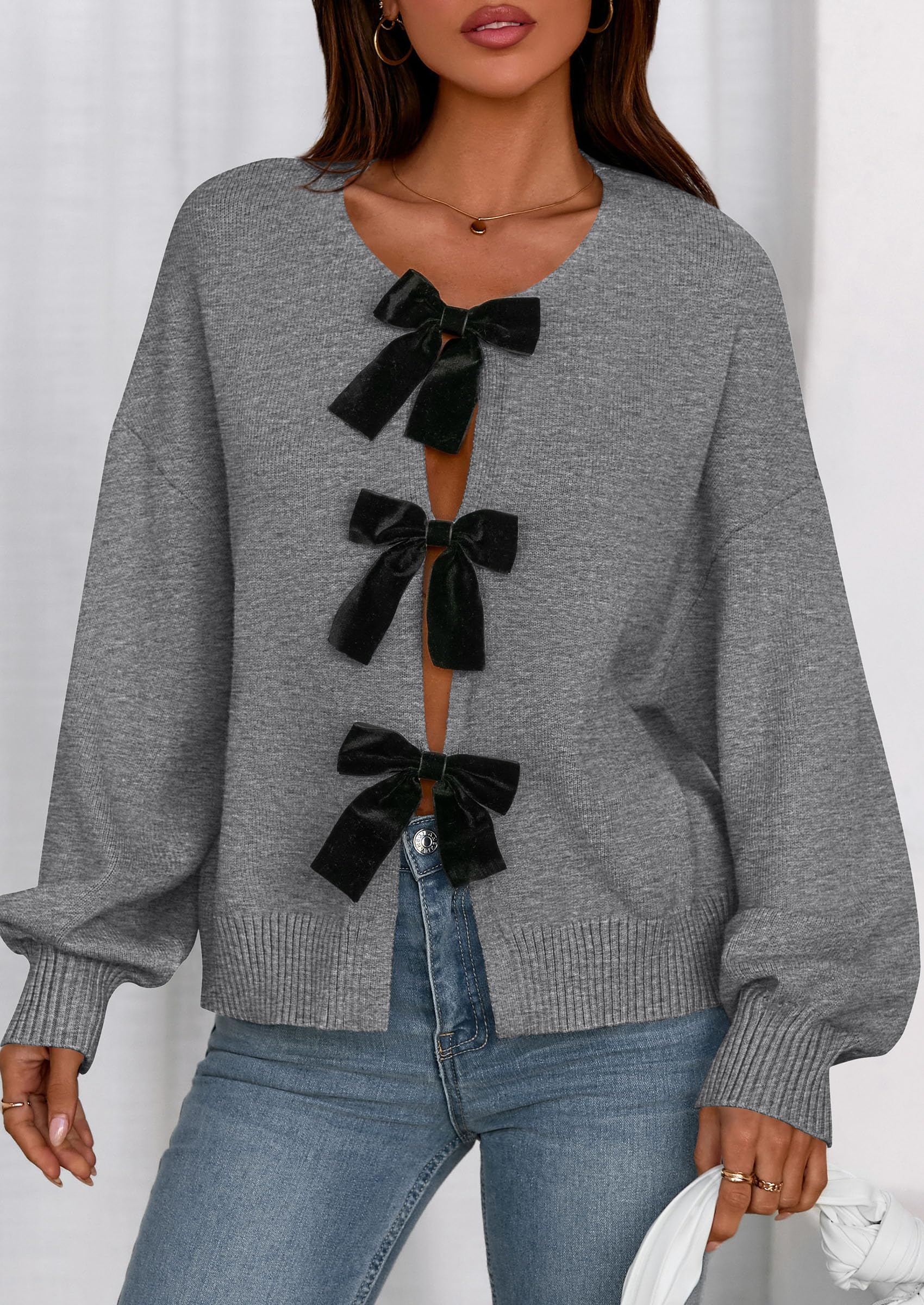 Women's Fall Bow Tie Front Cardigan Sweaters,Grey,S