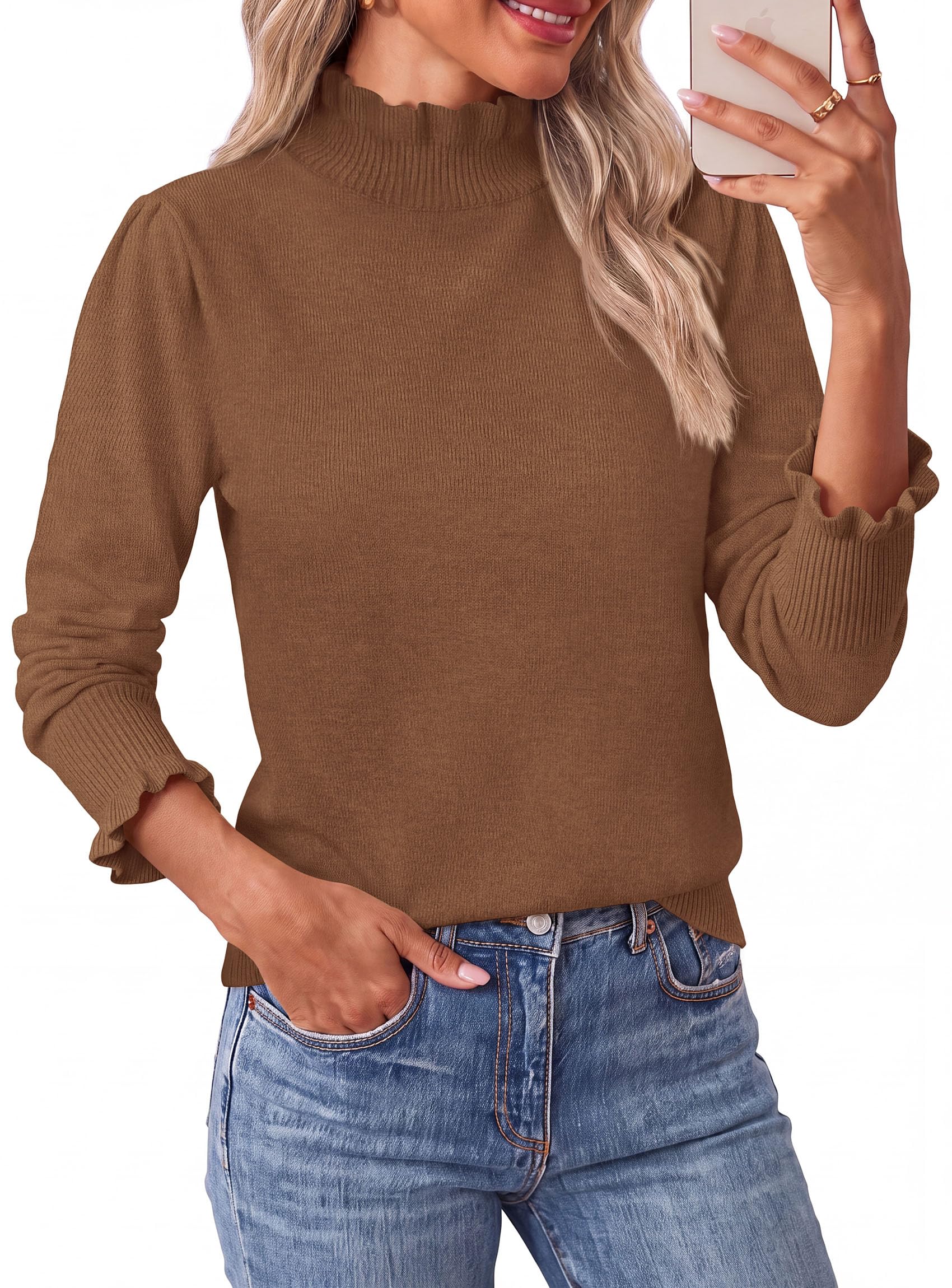 Women's Fall Cozy Sweaters Trendy Ruffle Mock Neck Pullover