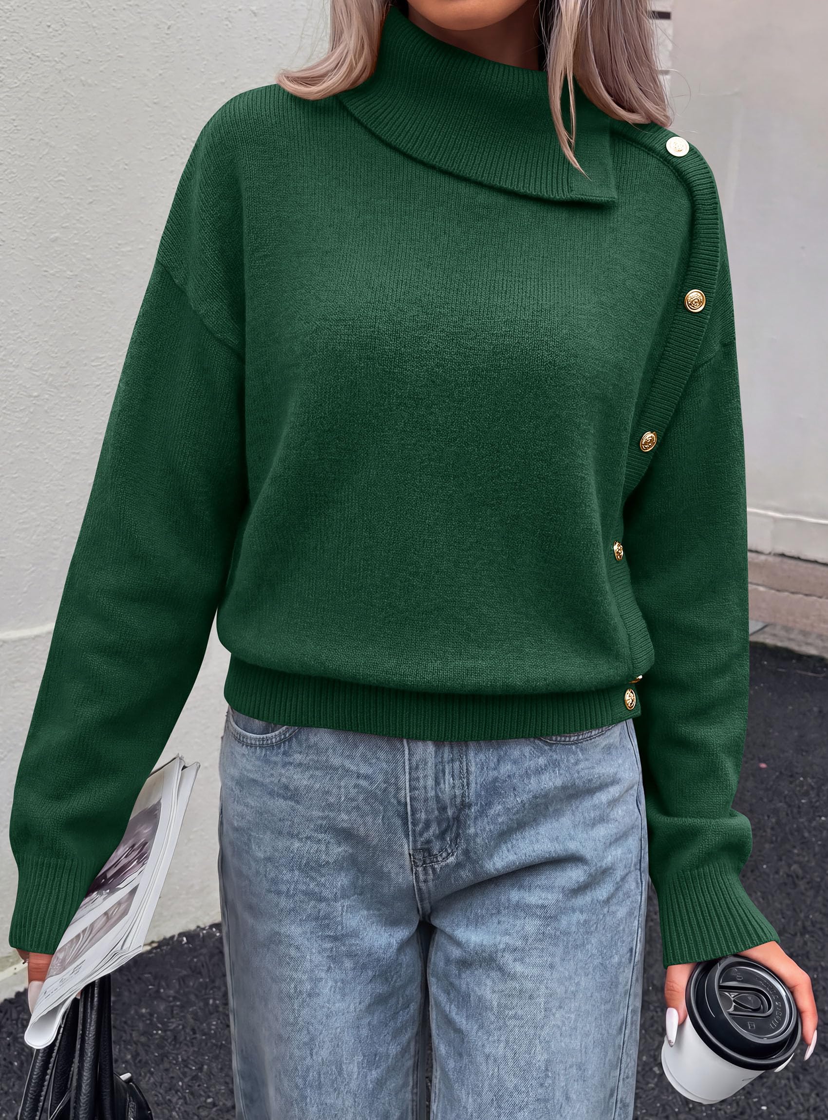 Womens Turtleneck Sweater Pullover Side Button Fall Clothes