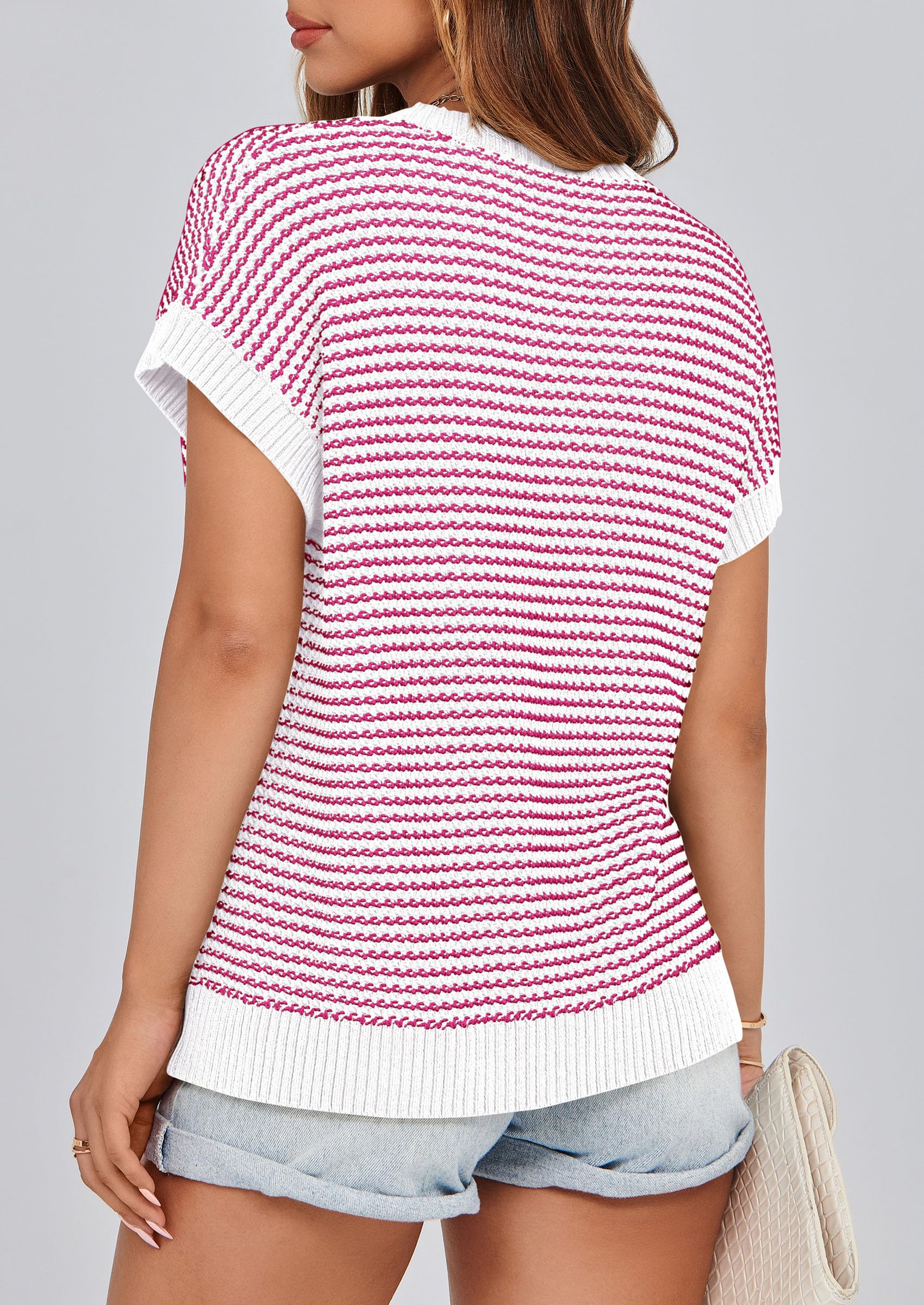 Women's Striped Short Sleeve Sweater Vest Rose Red,S