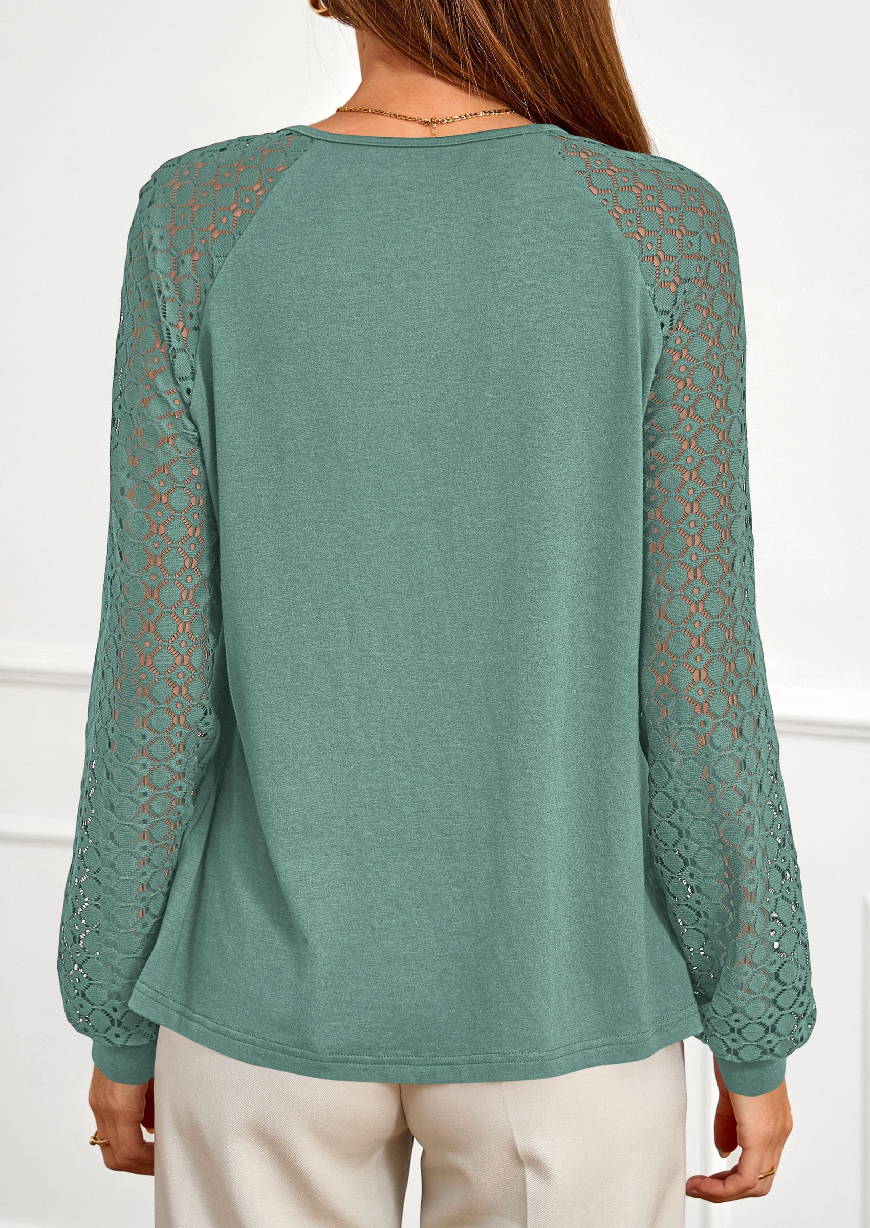 Women's Long Sleeve Shirts Fall Lace Tops,Sage Green,S