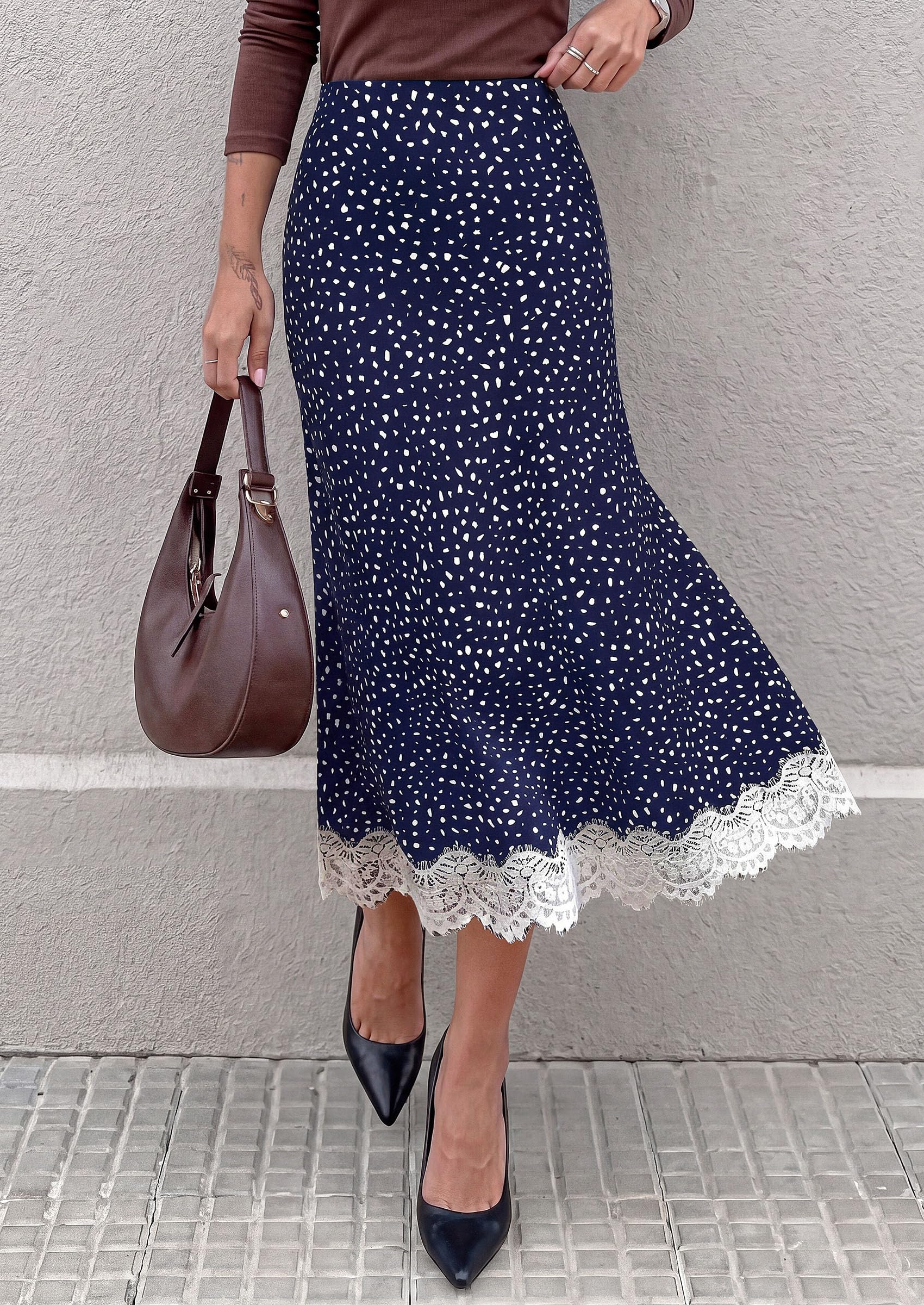 Women's Polka Dot Satin Skirt Fall Flowy Midi Leopard Skirts