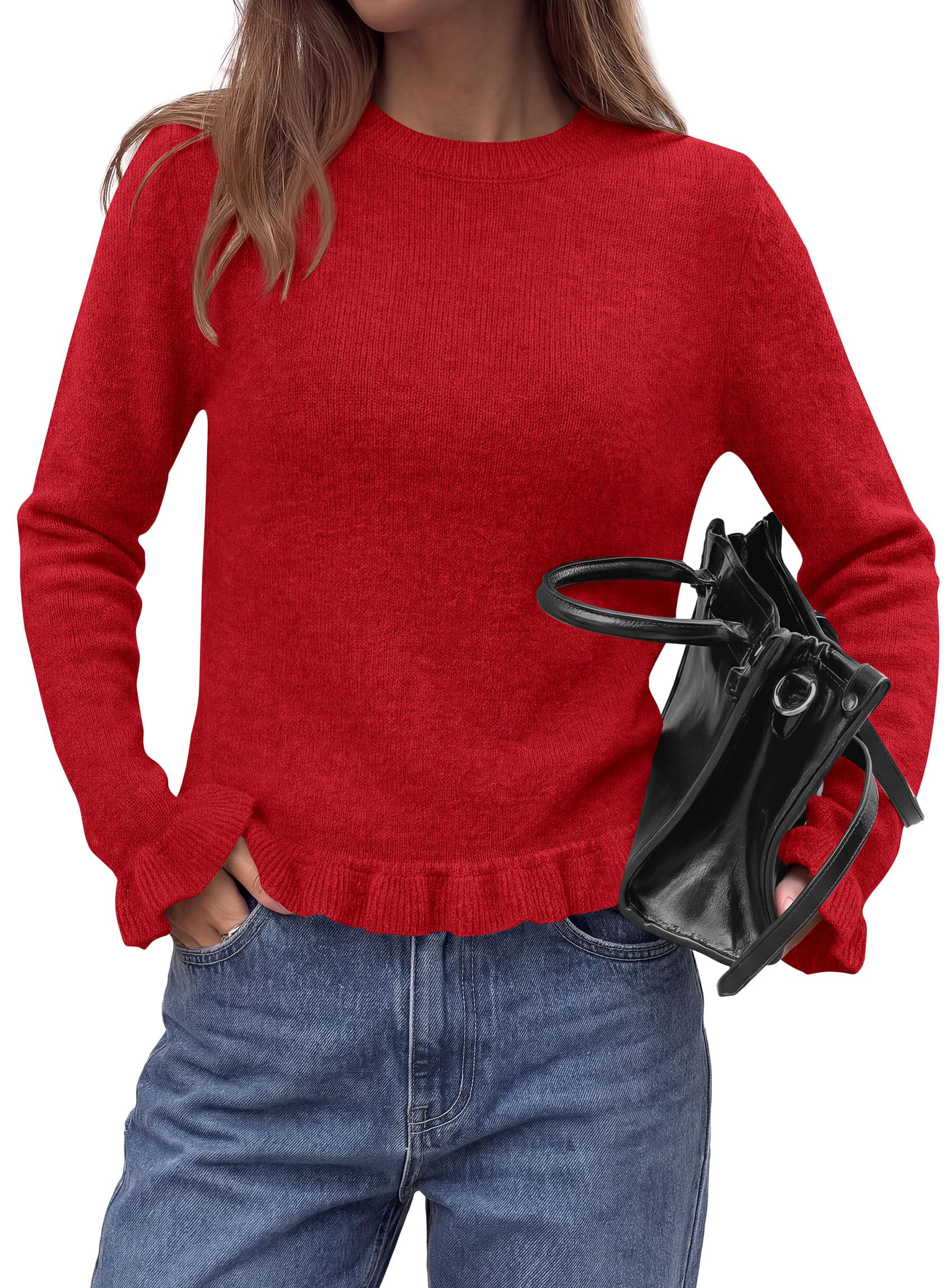 Women's Ruffle Sweaters Fall Fashion Cozy Knit Pullover Red