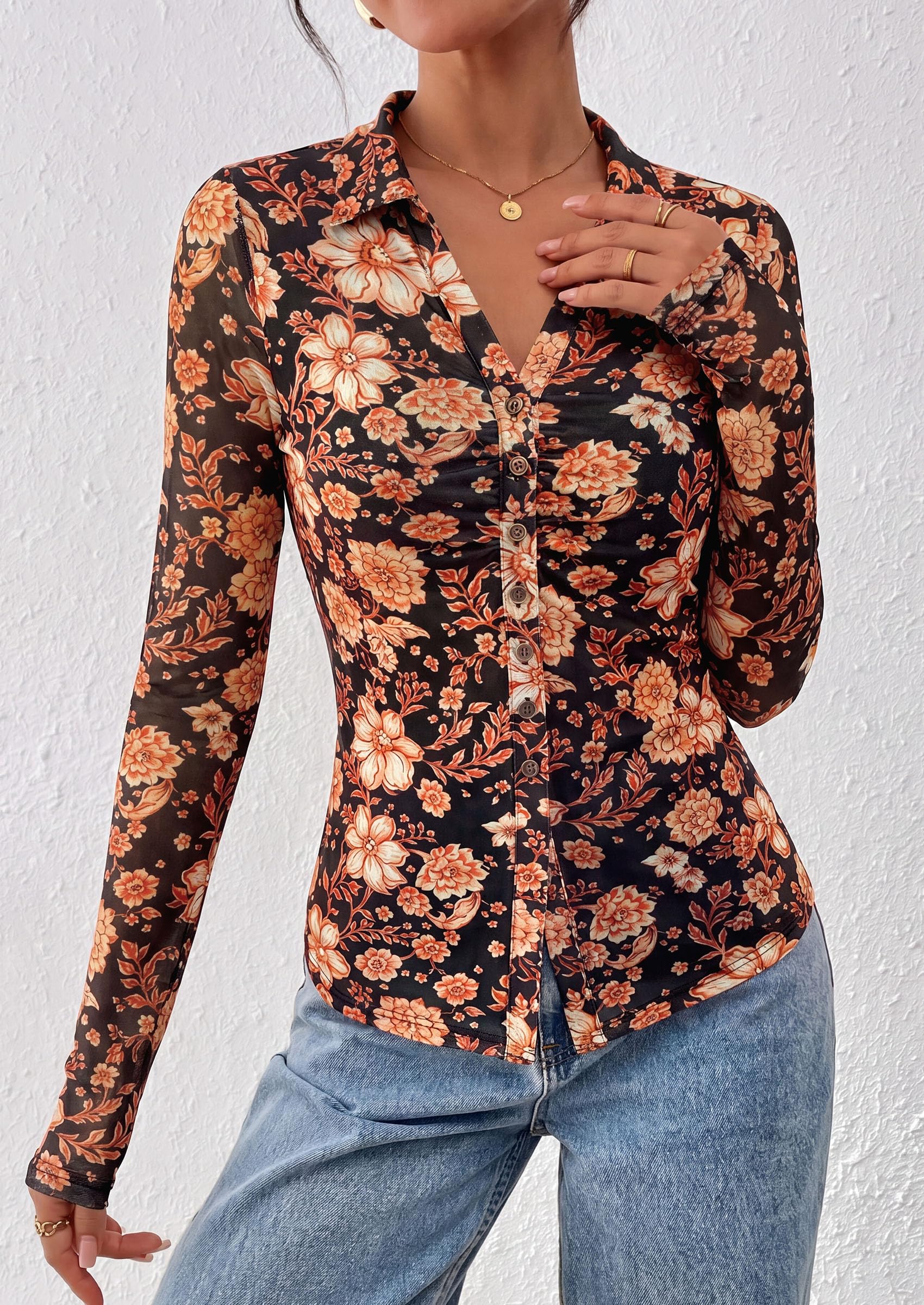 Women's Button Down Shirts Boho Mesh Floral Going Out Tops