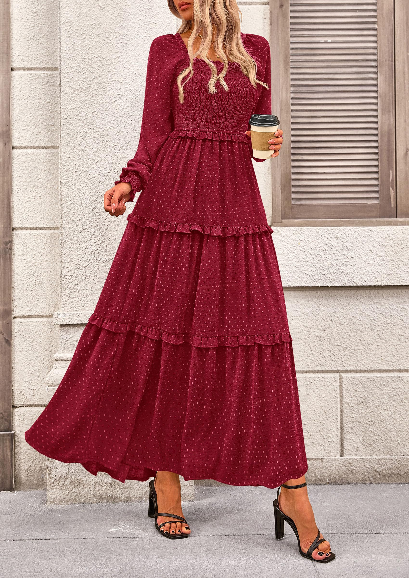 Women's Smocked Long Sleeve Maxi Dress Wedding Guest Dresses