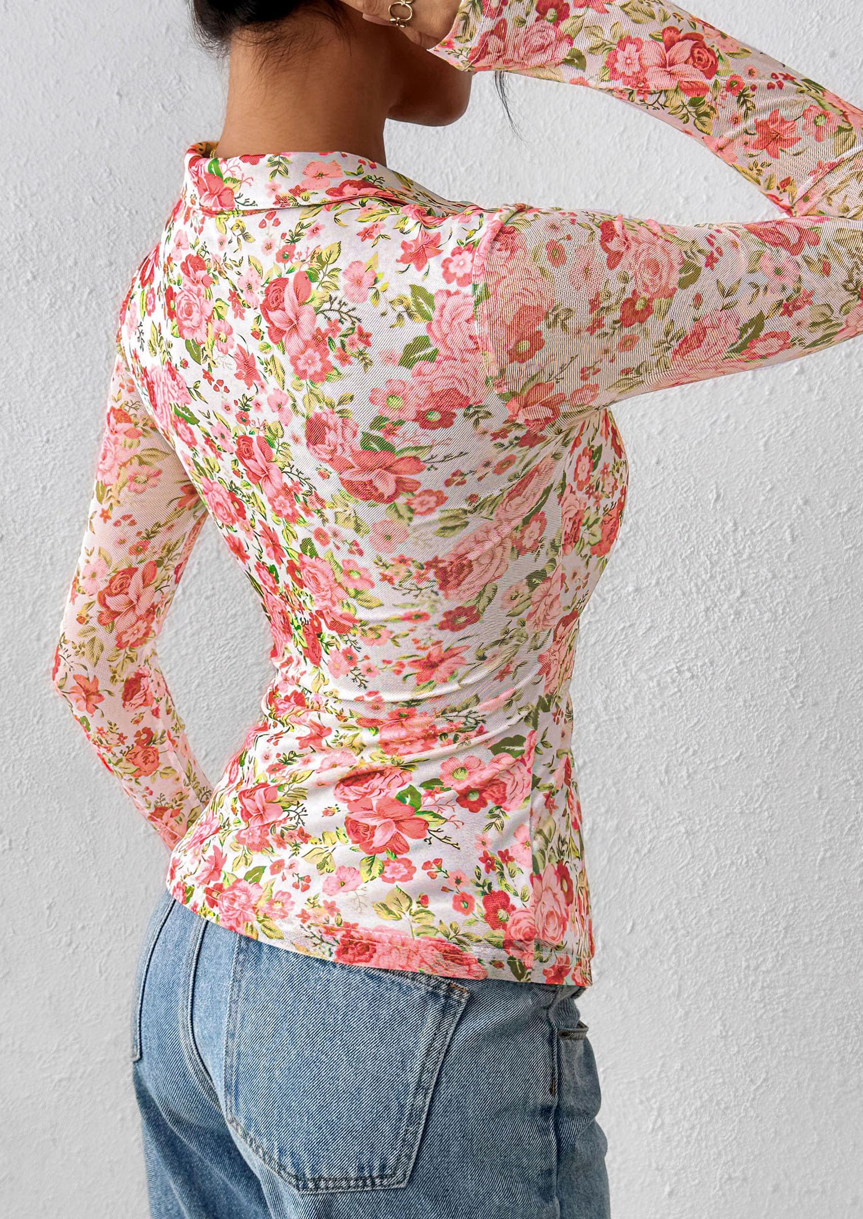 Women's Button Down Shirts Boho Mesh Floral Going Out Tops