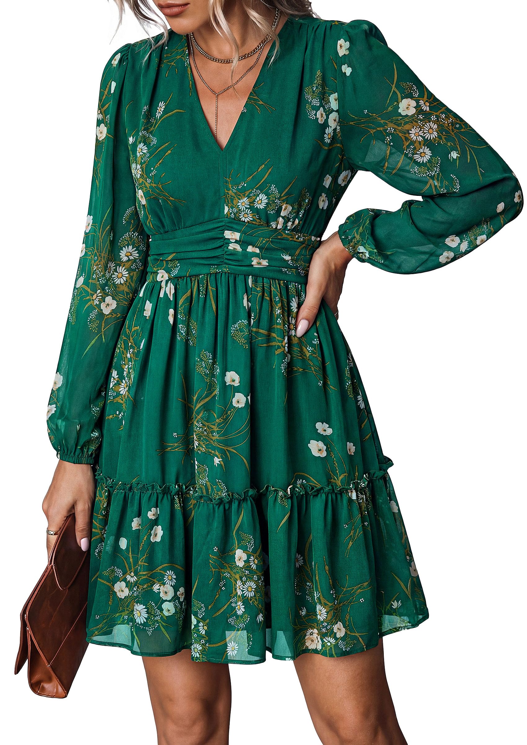Women Floral Long Sleeve Mini Dress Fall Wedding Guest Dresses