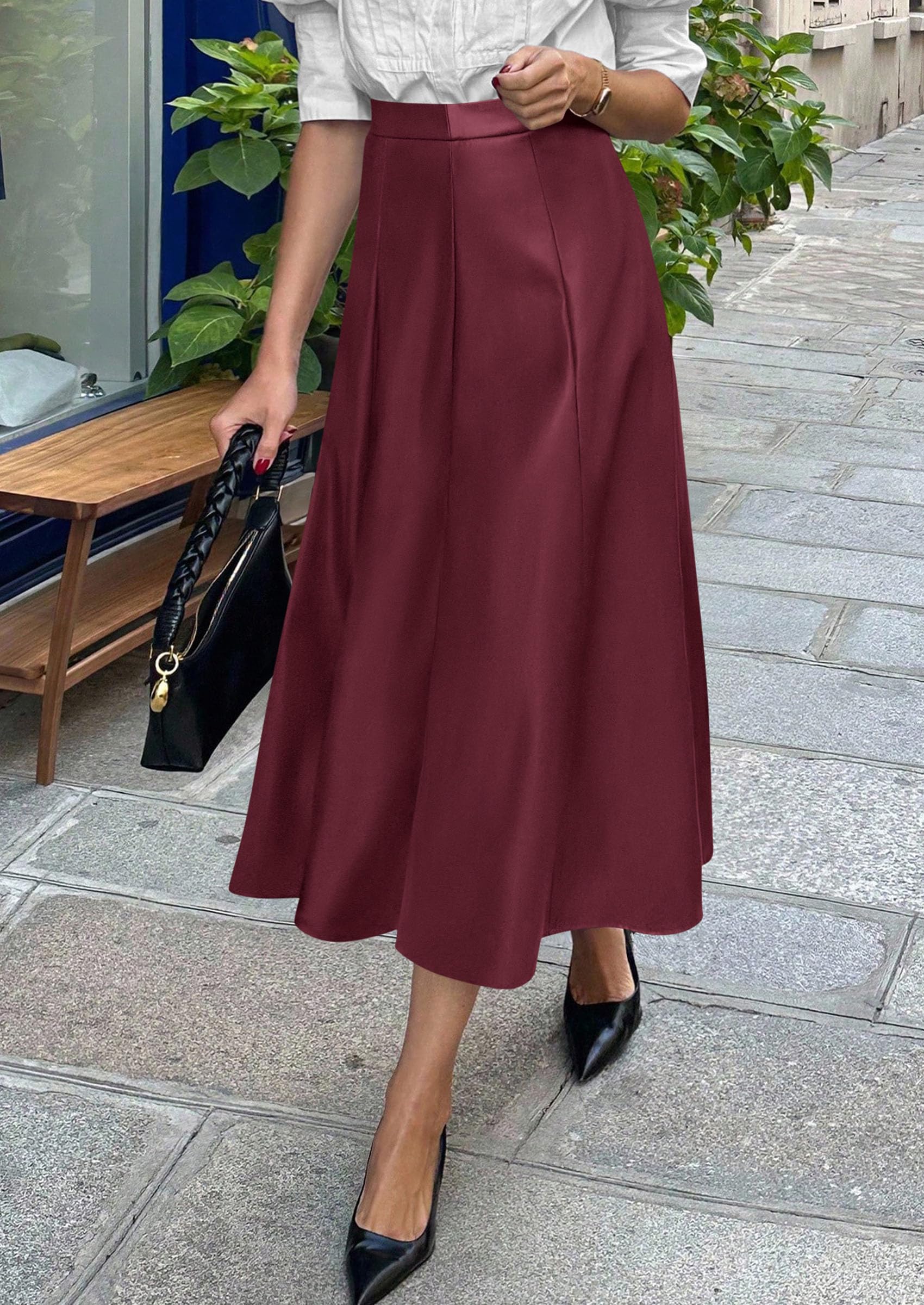 Womens Faux Leather High Waisted Midi Skirt,Wine Red,S