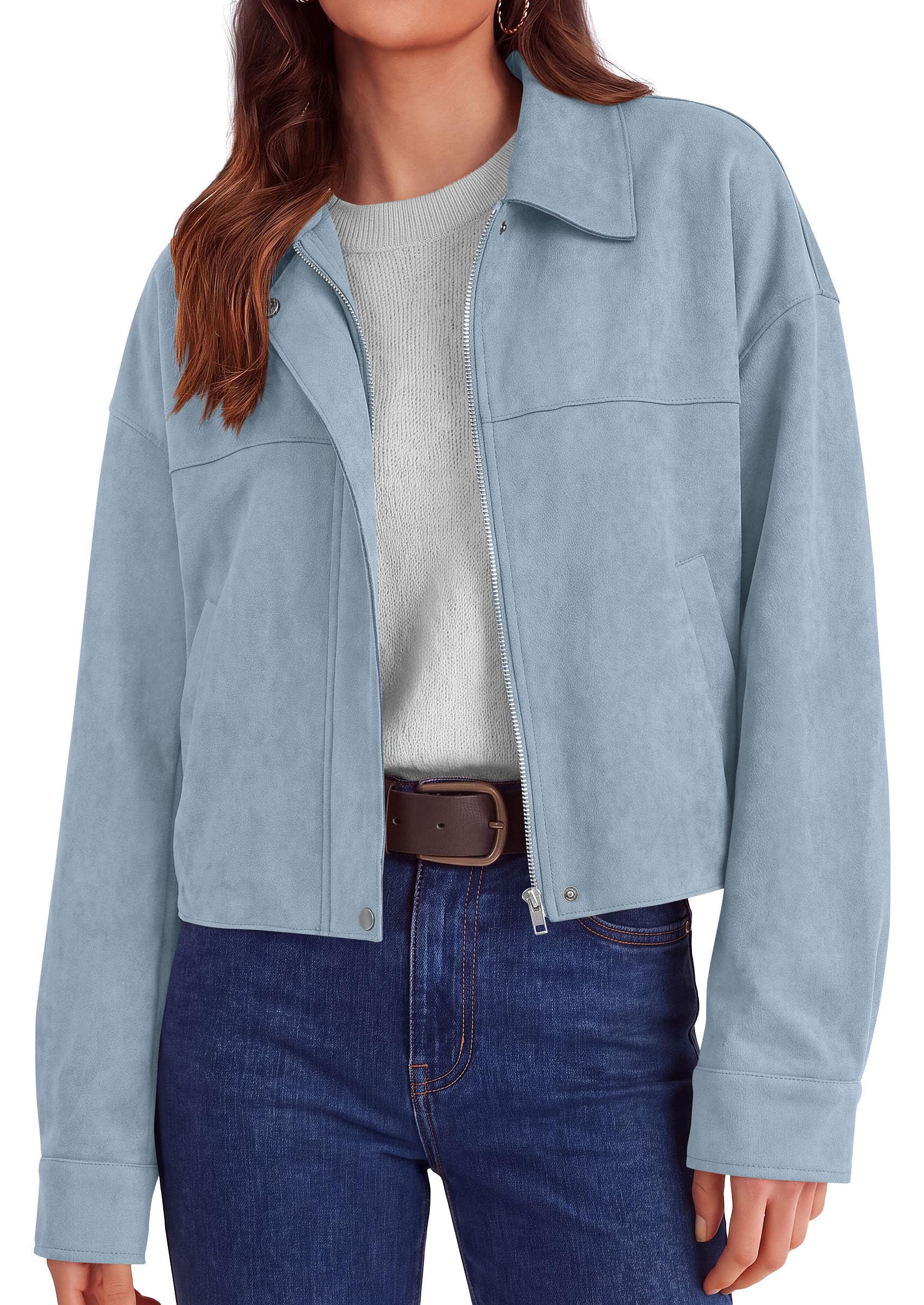 Women's Faux Suede Cropped Fall Jackets,Light Blue,S