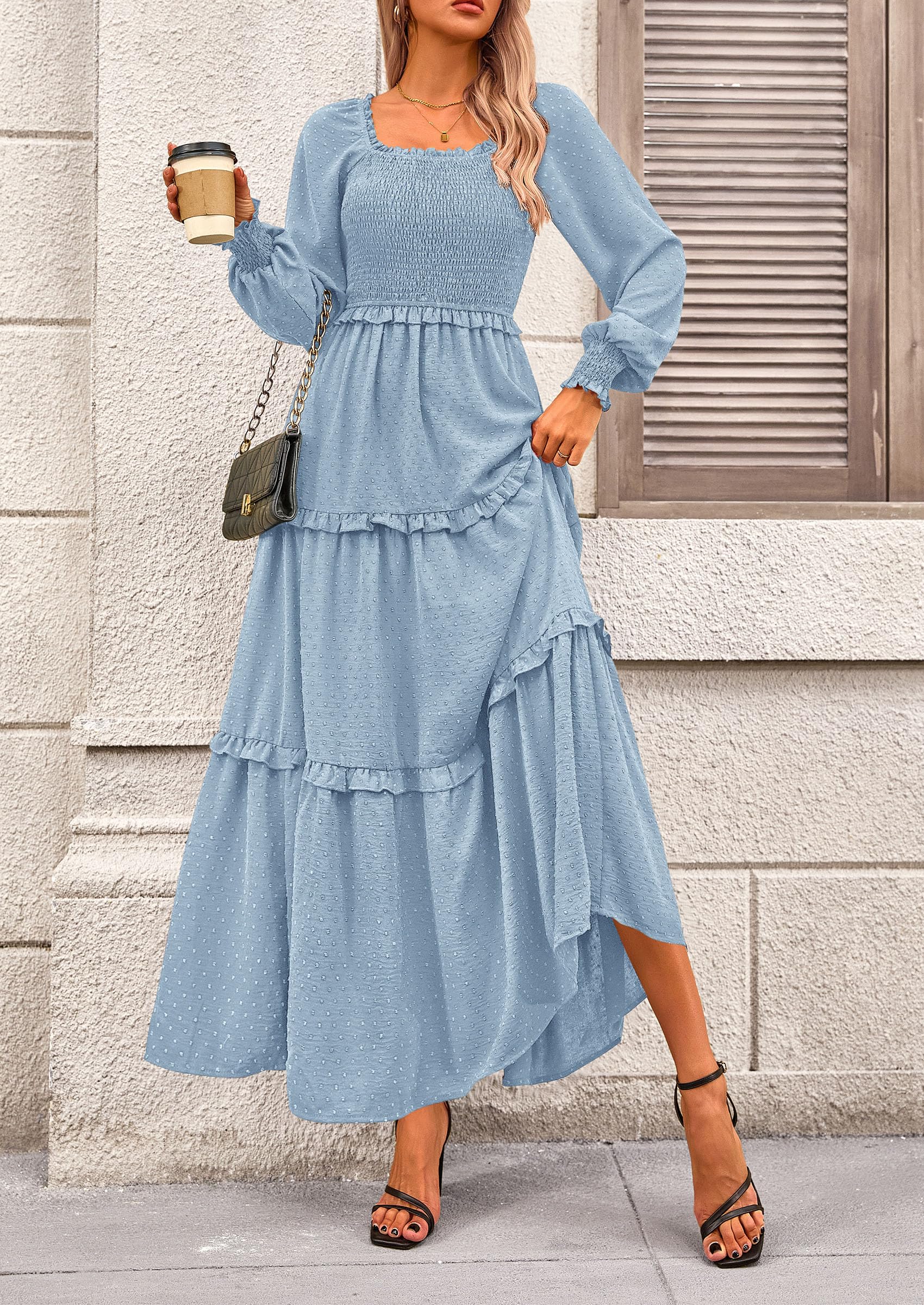 Women's Smocked Long Sleeve Maxi Dress Wedding Guest Dresses