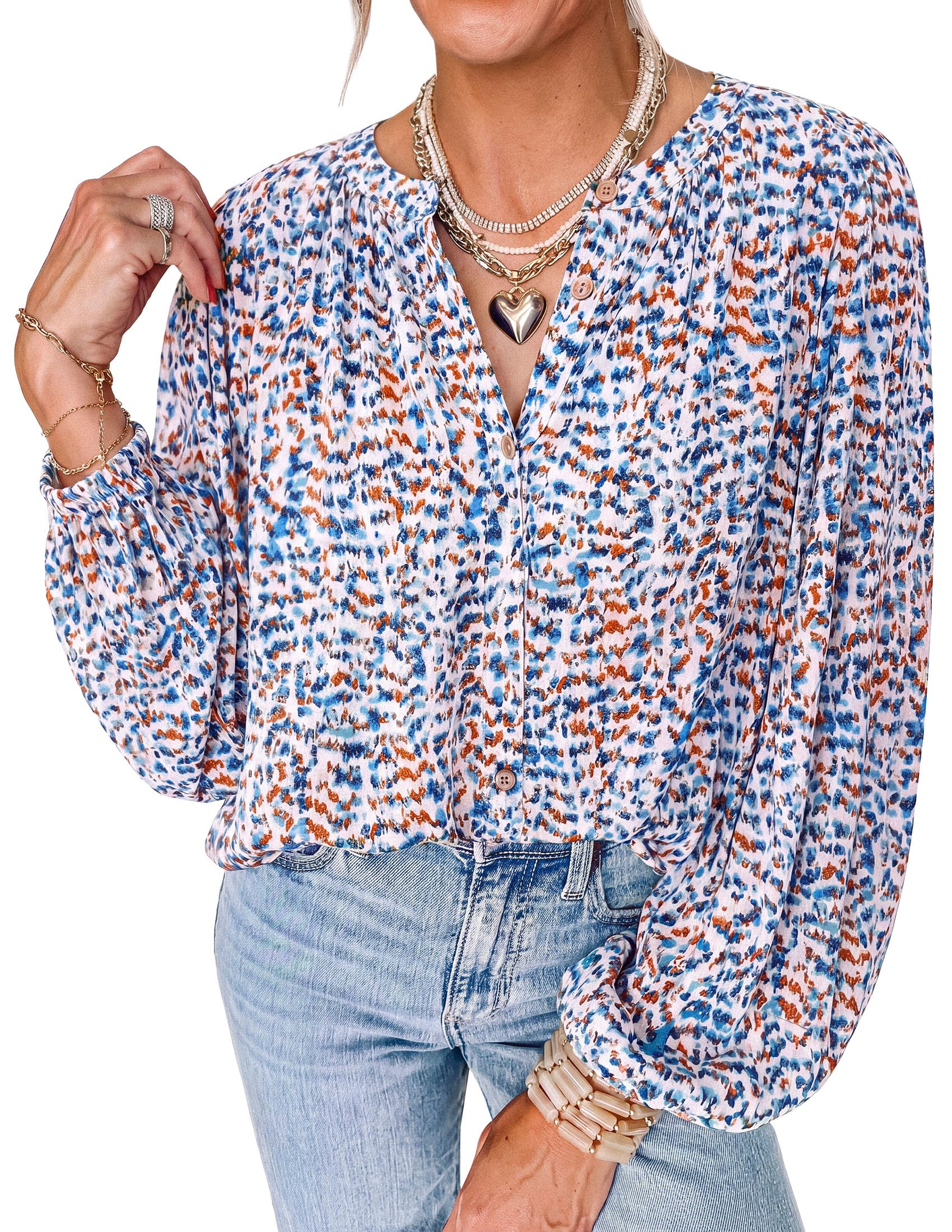 Women's Boho Tops Fall Long Sleeve Button Down Floral Blouses