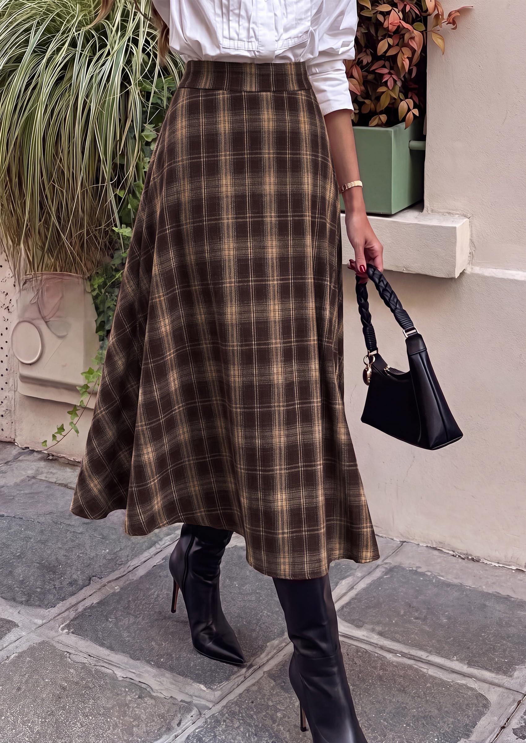 Women's Plaid High Waisted A-Line Midi Skirts,Brown,L