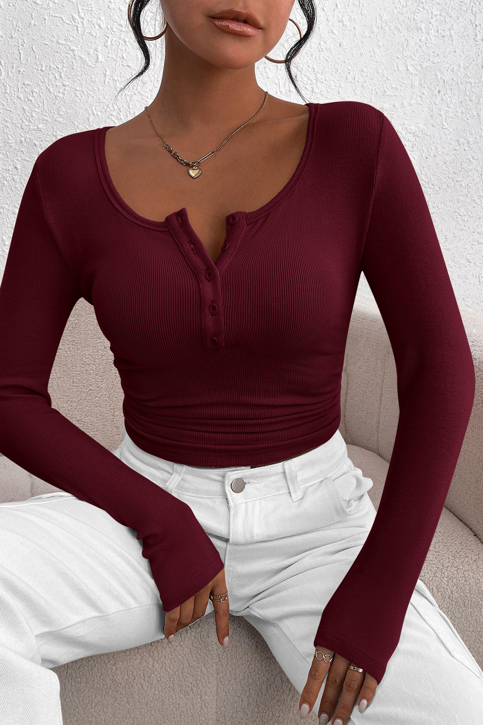 Women's Fall Long Sleeve Henley T Shirts Wine Red