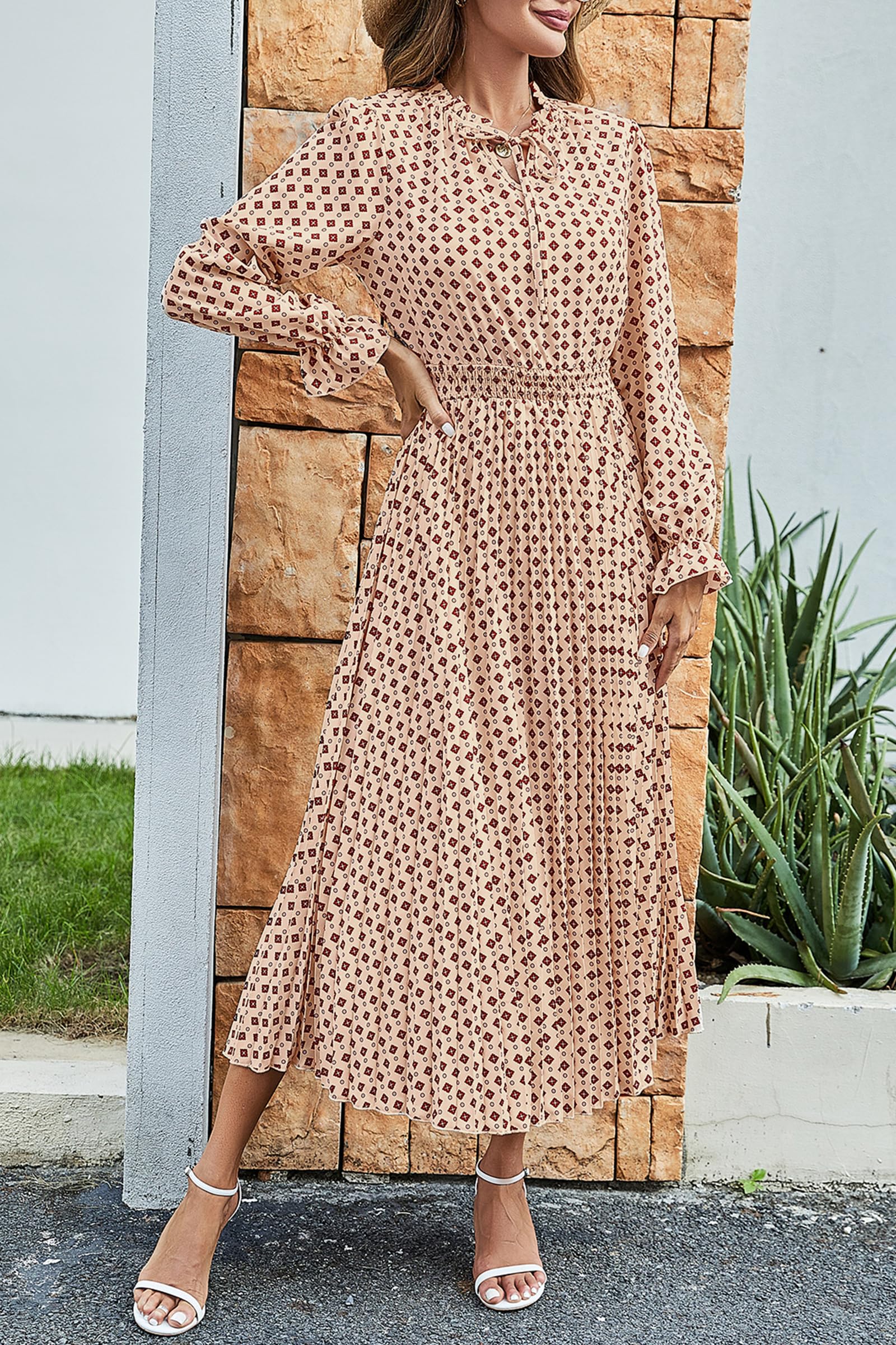 Women's Boho Floral Dress Elegant Long Sleeve V Neck Swing A Line Midi Dresses (Apricot Brown Floral,Small)