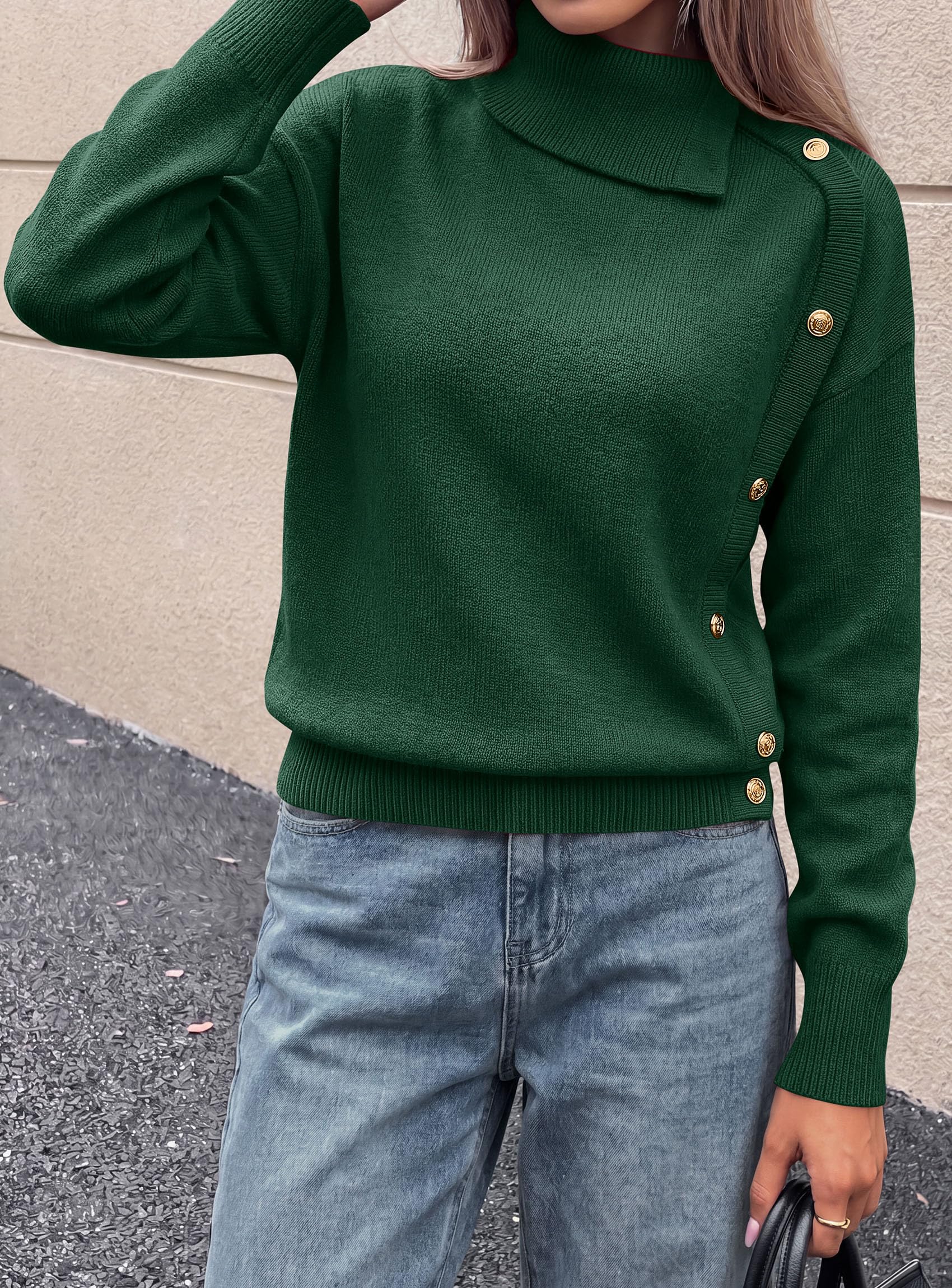 Womens Turtleneck Sweater Pullover Side Button Fall Clothes