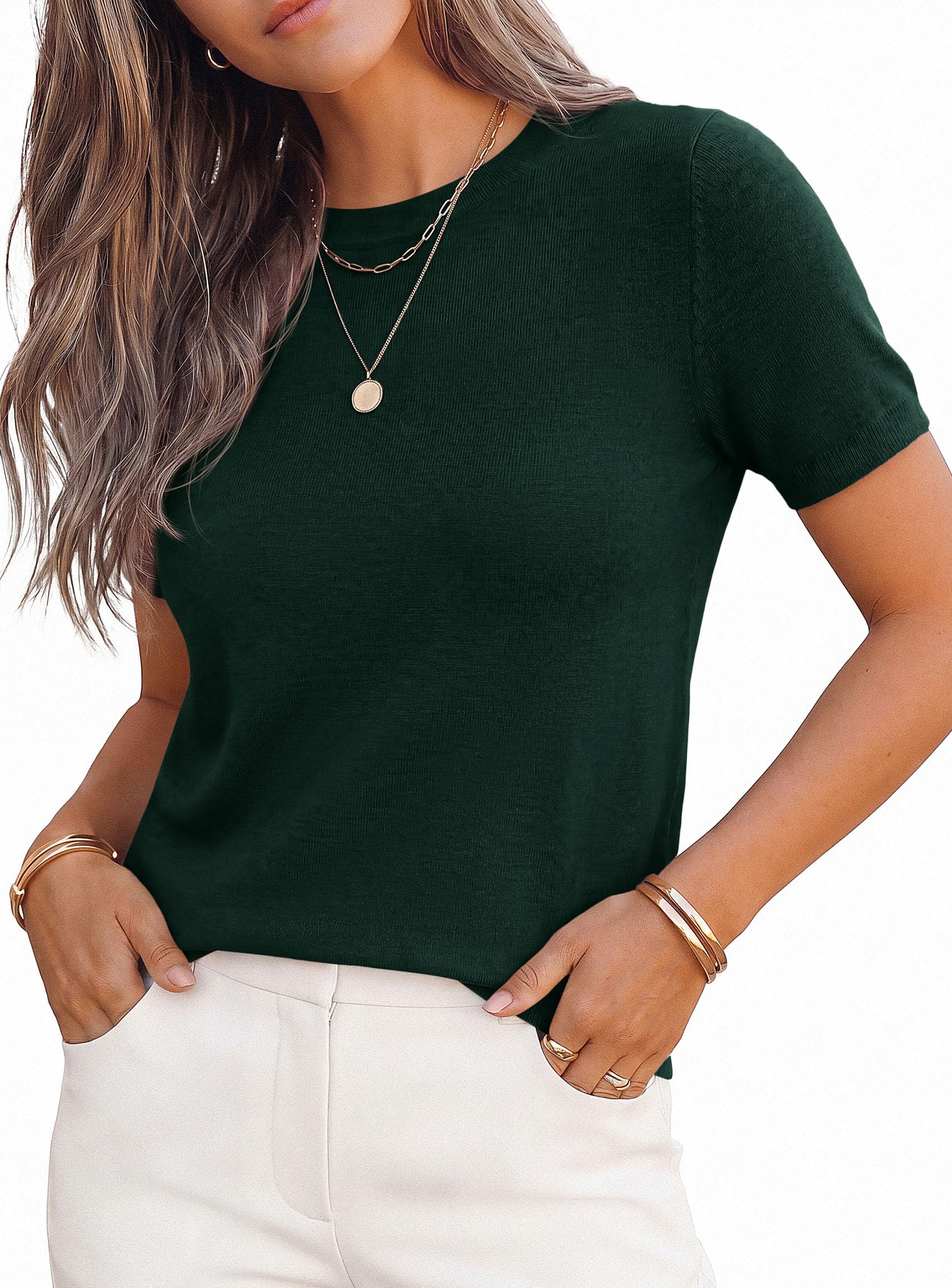 Women's Short Sleeve Sweaters Summer Tops,Dark Green,S