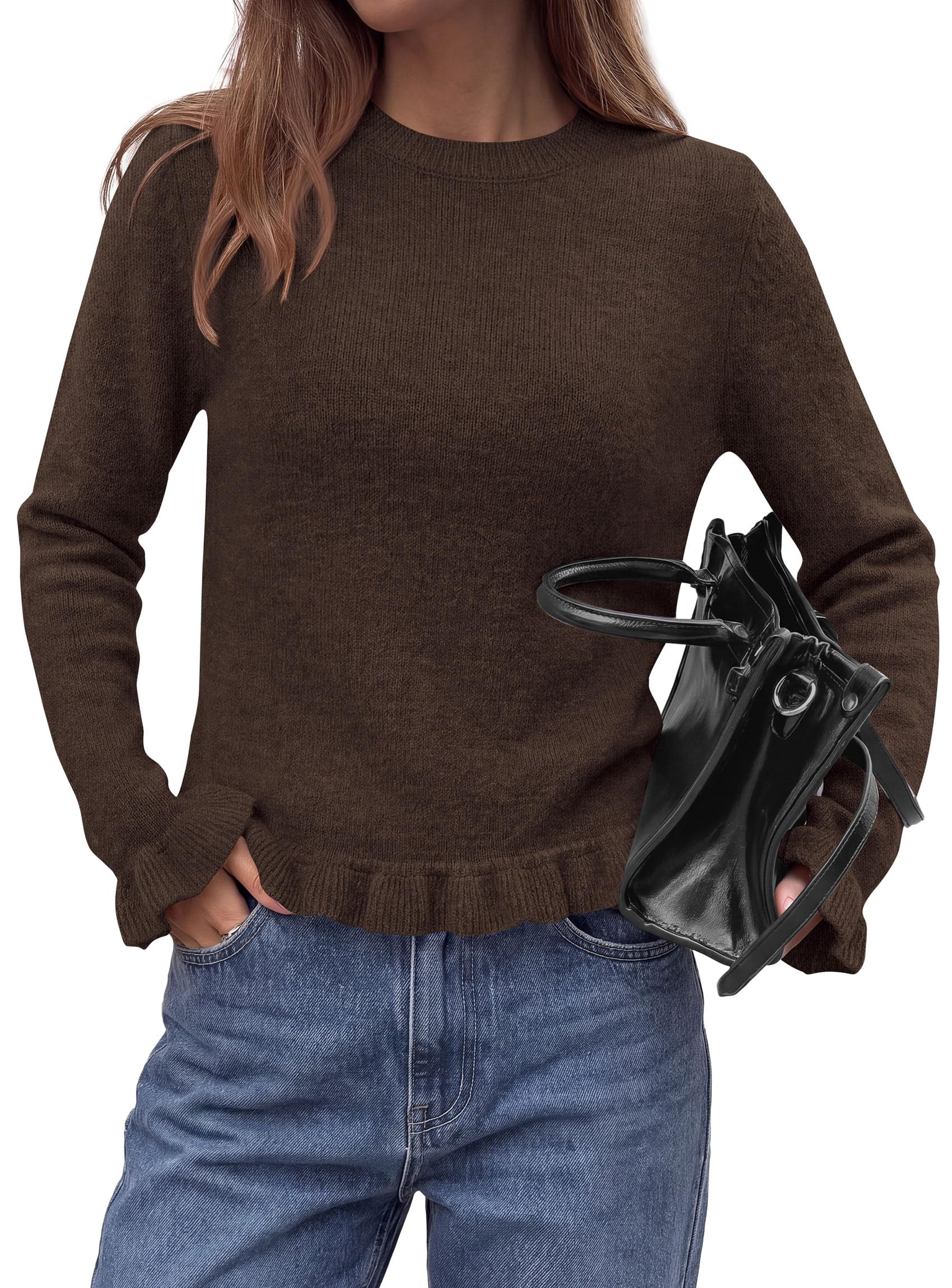 Women's Ruffle Sweaters Fall Fashion Cozy Knit Pullover Brown