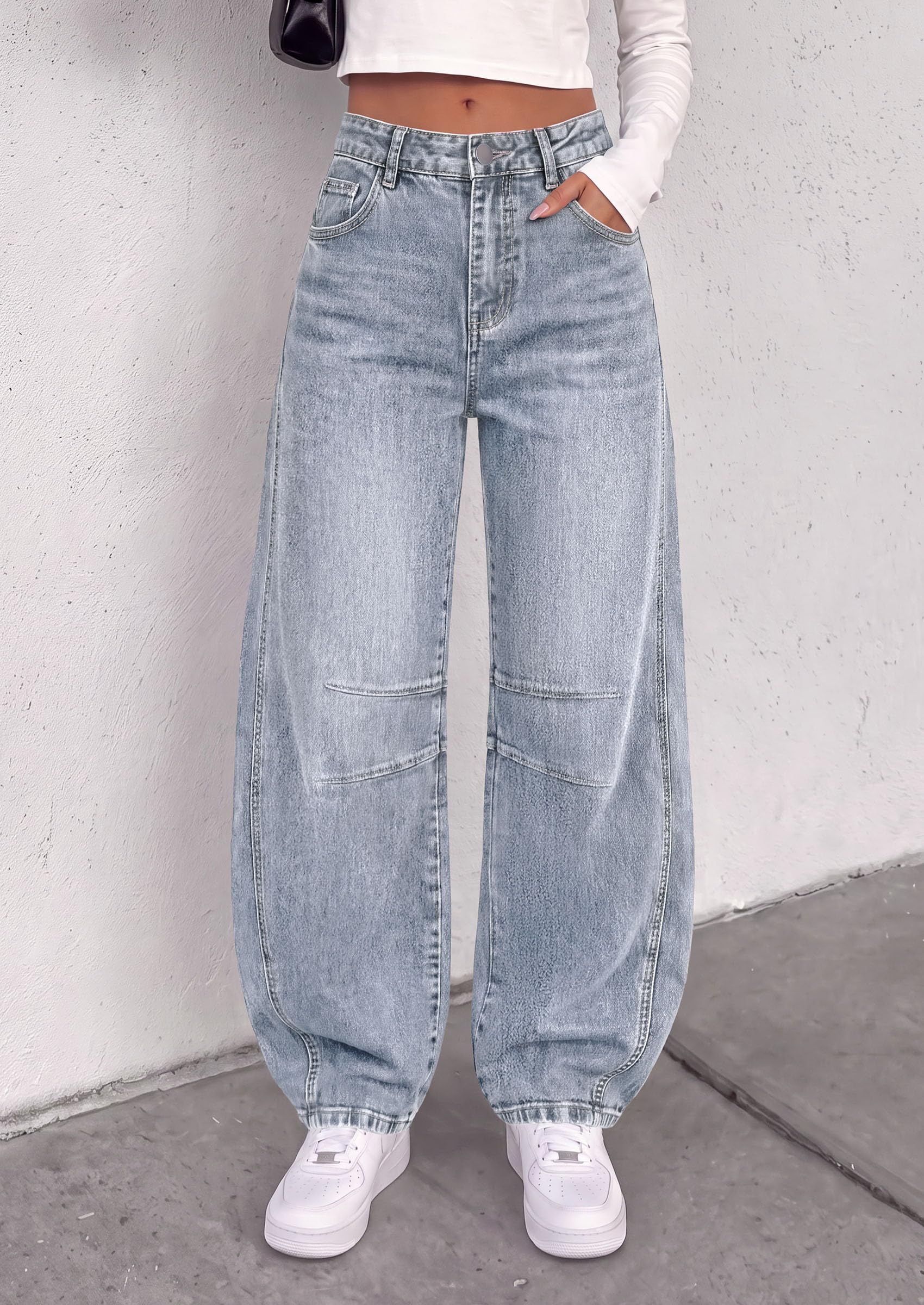 Women's Barrel Baggy Jeans High Waisted Pants (Light Blue,4)