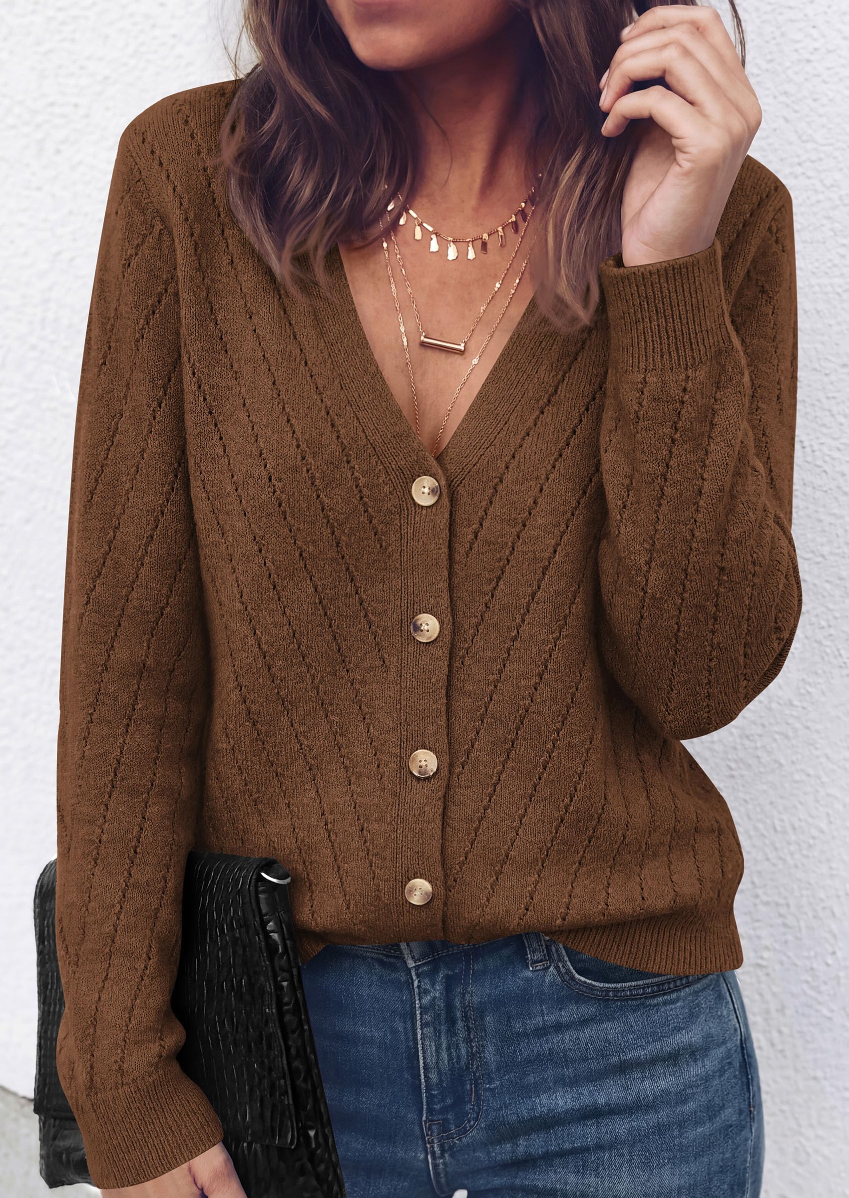 Women's Cozy Cardigan Sweater with Button (Brown,S)